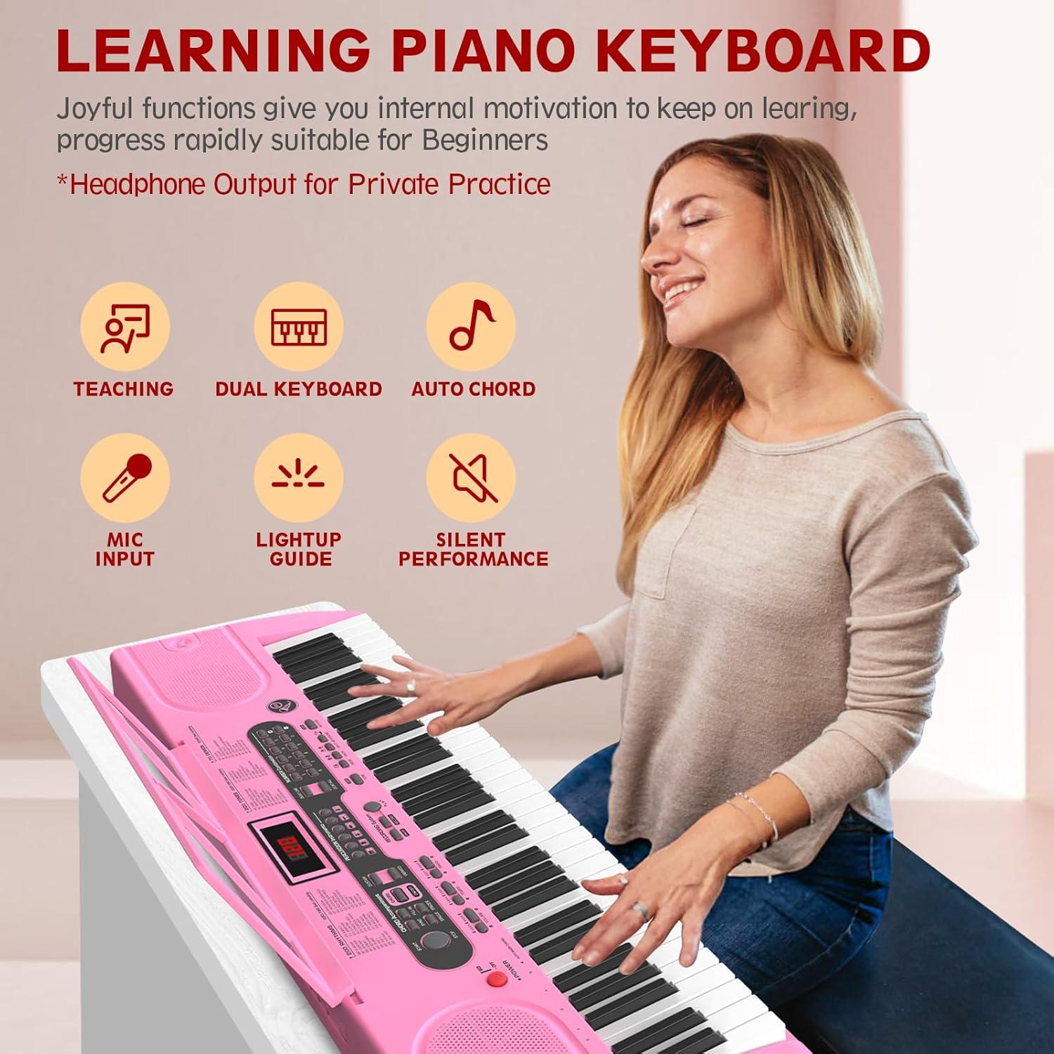 Fenbeli 61 Key Piano Keyboard with Lighted Keys Electric Keyboard Kit with Stand, Bench, Headphones, Built-in Speakers, Pink
