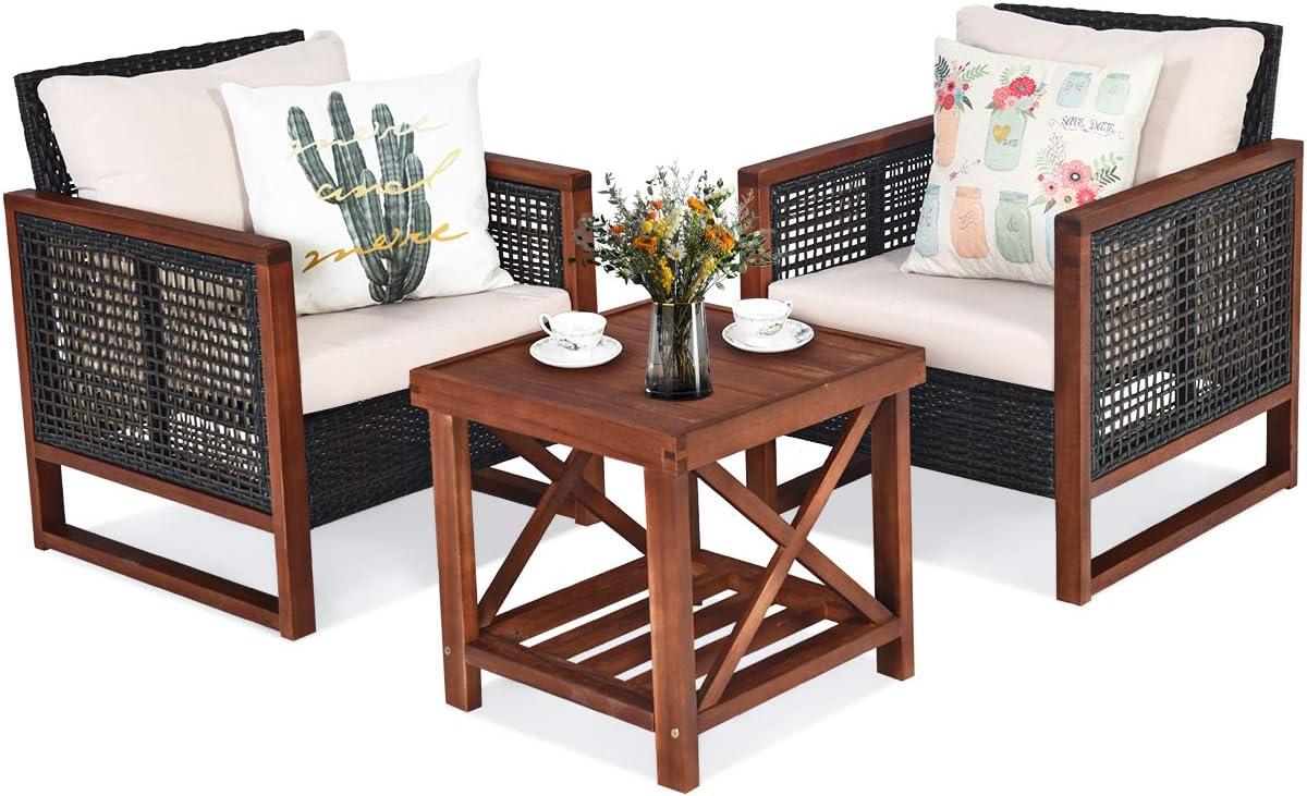 Tangkula 3-Piece Patio Rattan Wicker Bistro Set Acacia Wood Frame Sofa and Side Table