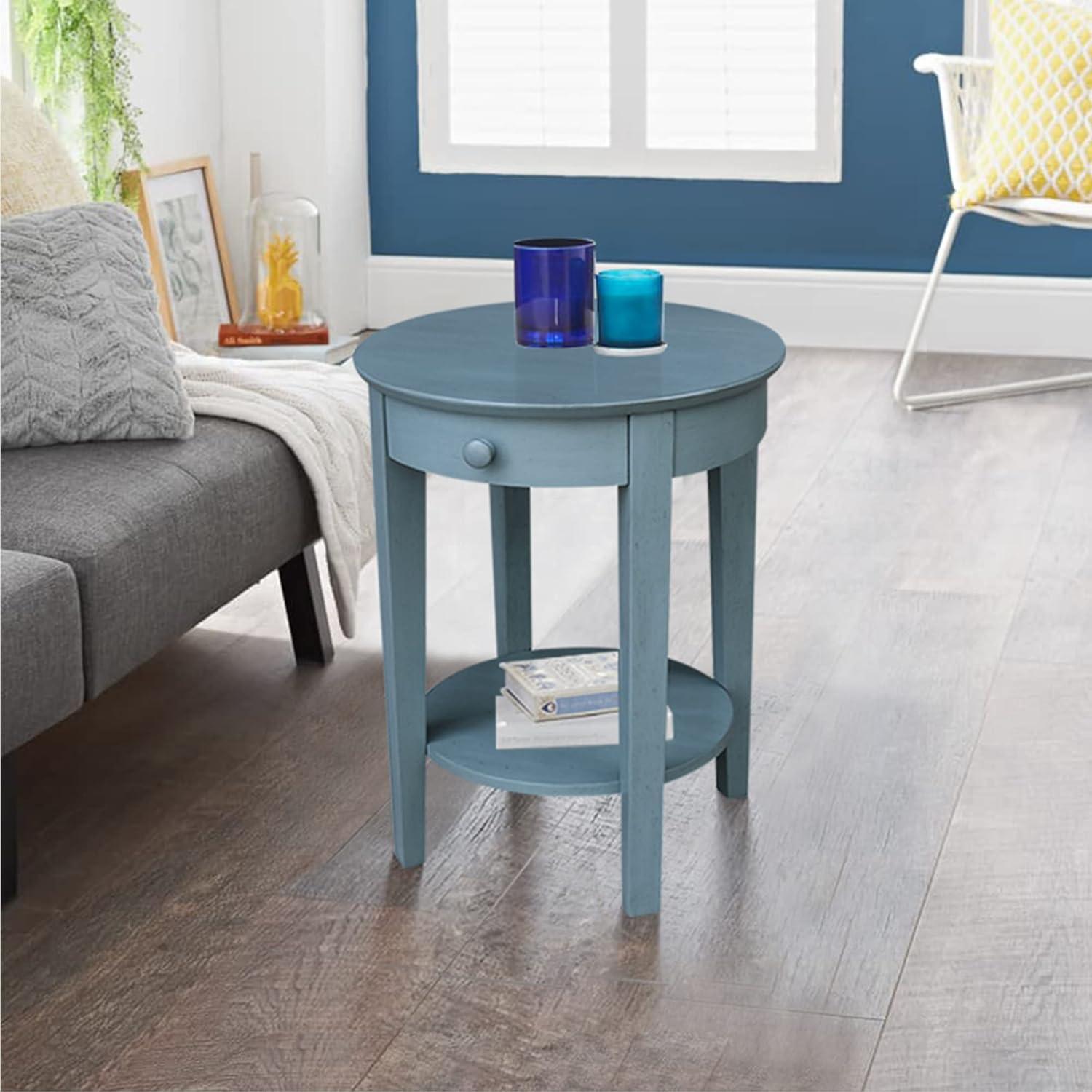 Ocean Blue Round Wooden Accent Table with Storage