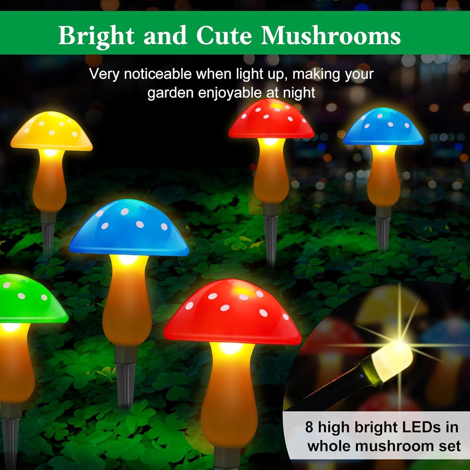 BSJJY New Upgraded Waterproof Solar Mushroom Lights Outdoor Decor, 8 Modes for Garden Pathway Landscape Yard Easter Pathway Halloween Xmas Decorations,2 Green,2 Red,2 Yellow, 1PCS