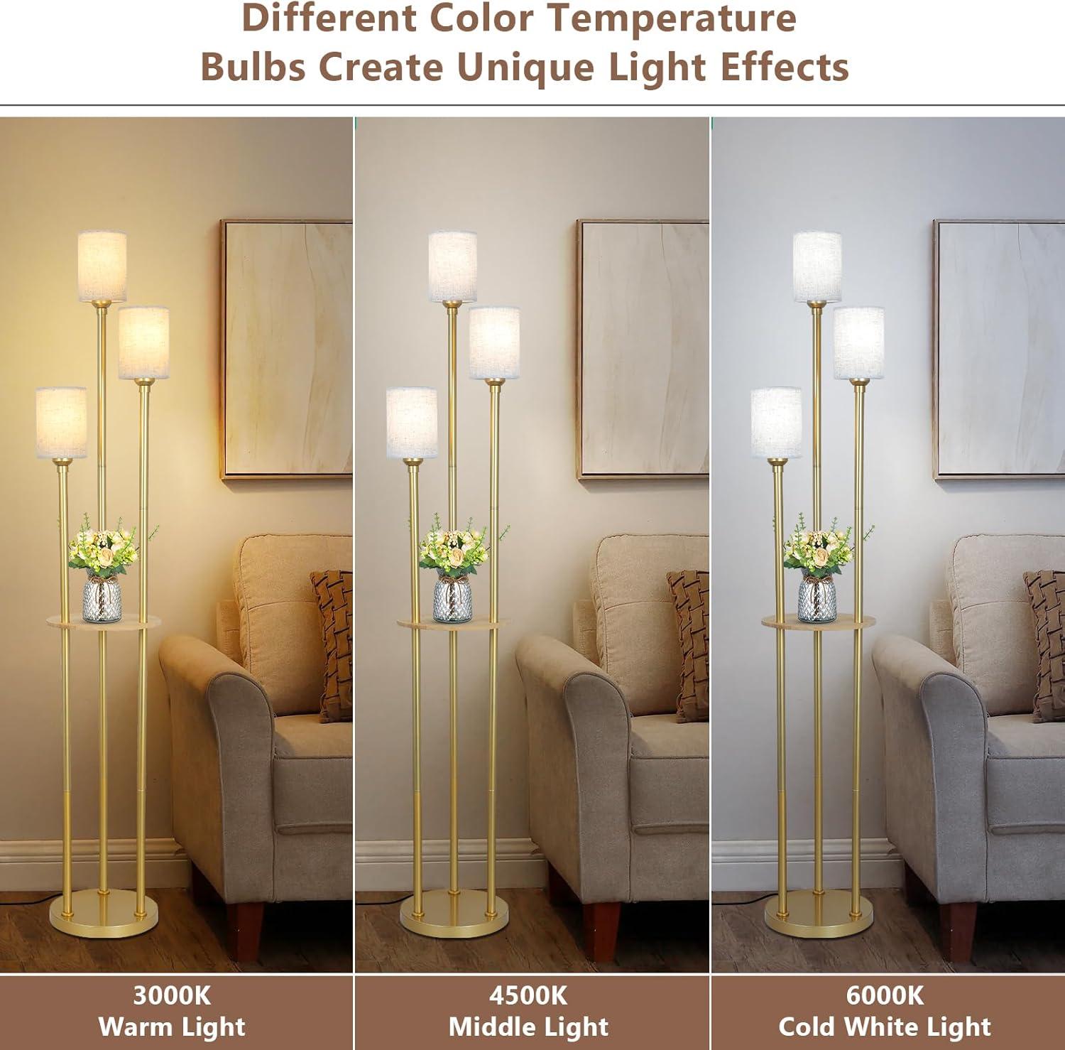 Floor Lamps for Living Room, 3-Lights Modern Floor Lamp with Shelves, Gold Standing Lamp with Fabric Shade and Foot Switch, Shelf Standing Lamps with Table, Tall Table Lamps for Bedroom Office