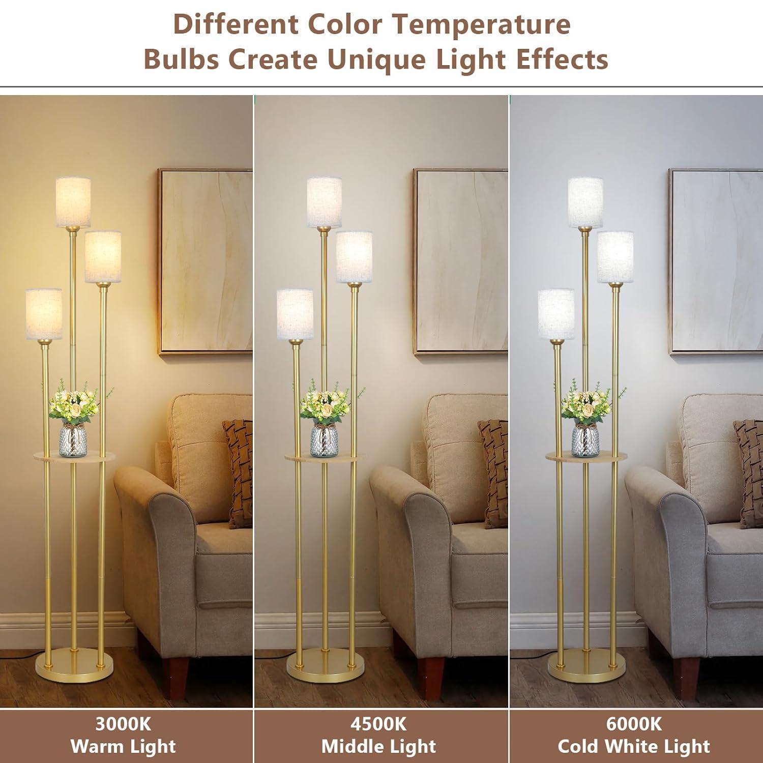 Floor Lamps for Living Room, 3-Lights Modern Floor Lamp with Shelves, Gold Standing Lamp with Fabric Shade and Foot Switch, Shelf Standing Lamps with Table, Tall Table Lamps for Bedroom Office