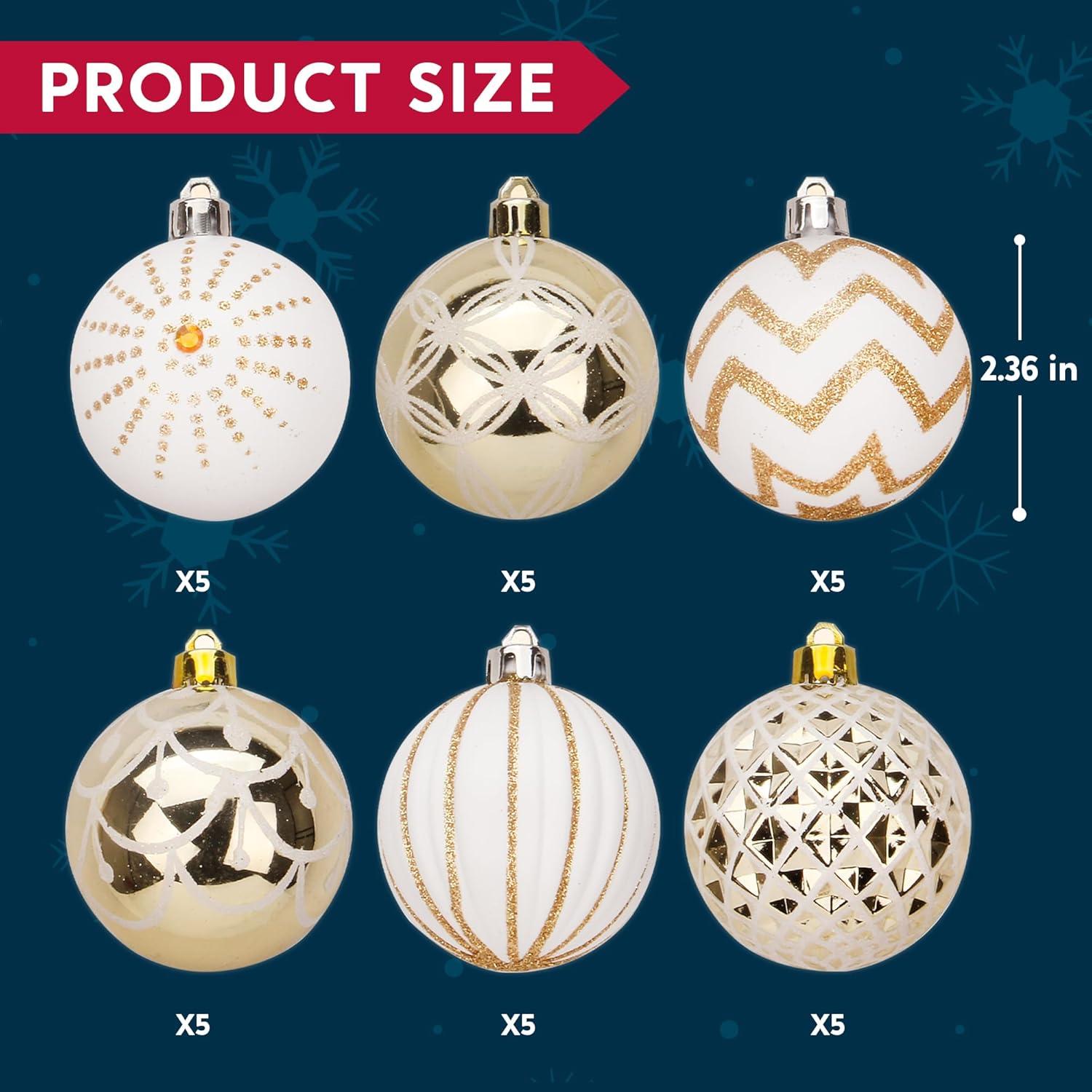 Gold and White Shatterproof Plastic Christmas Ball Ornaments Set