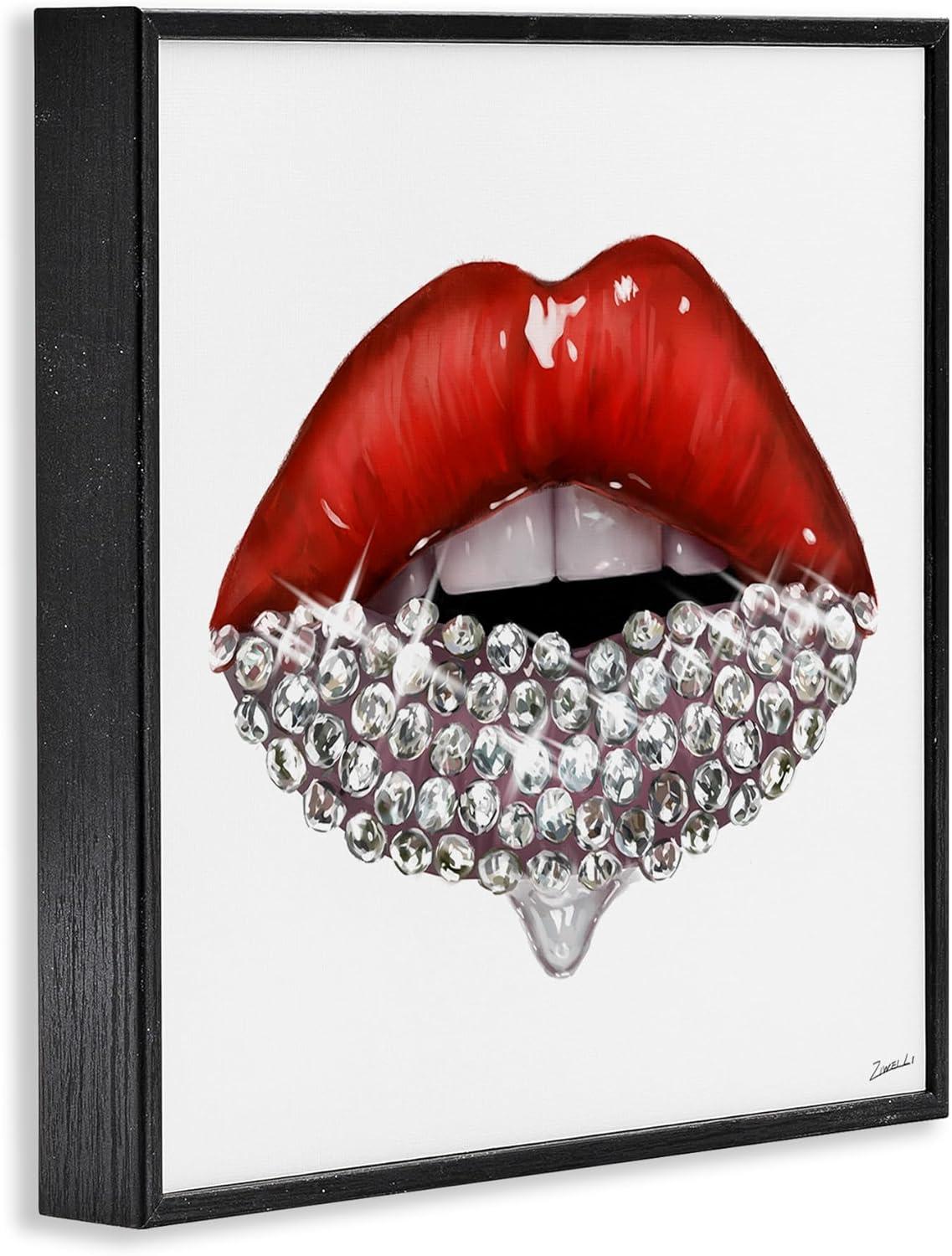 Red Glam Lips with Glistening Cosmetic Stones 12 in x 12 in Framed Painting Art Print, by Stupell Home Décor