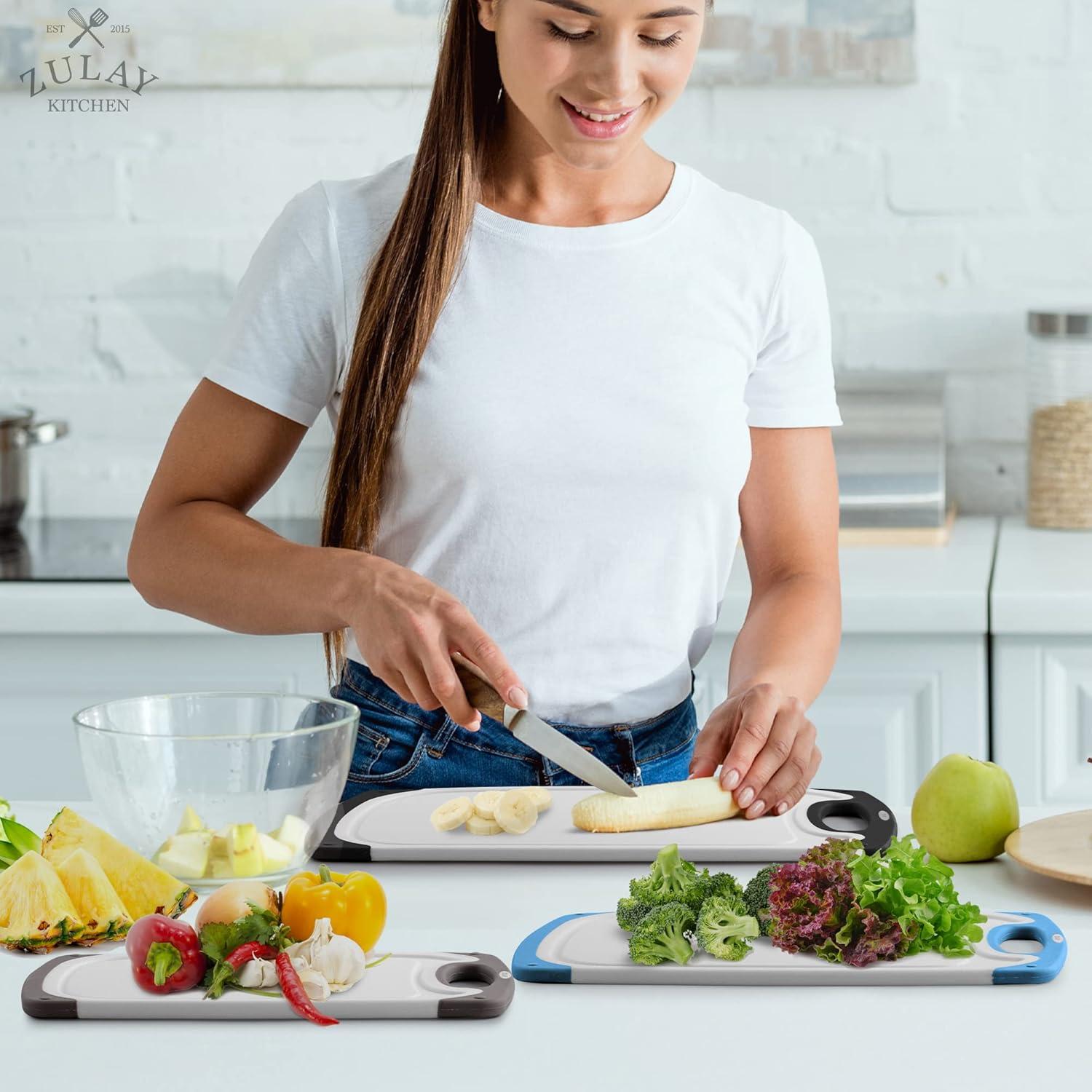 Zulay Kitchen 3-Piece Set Plastic Cutting Boards with Juice Grooves (Black Blue and Grey)