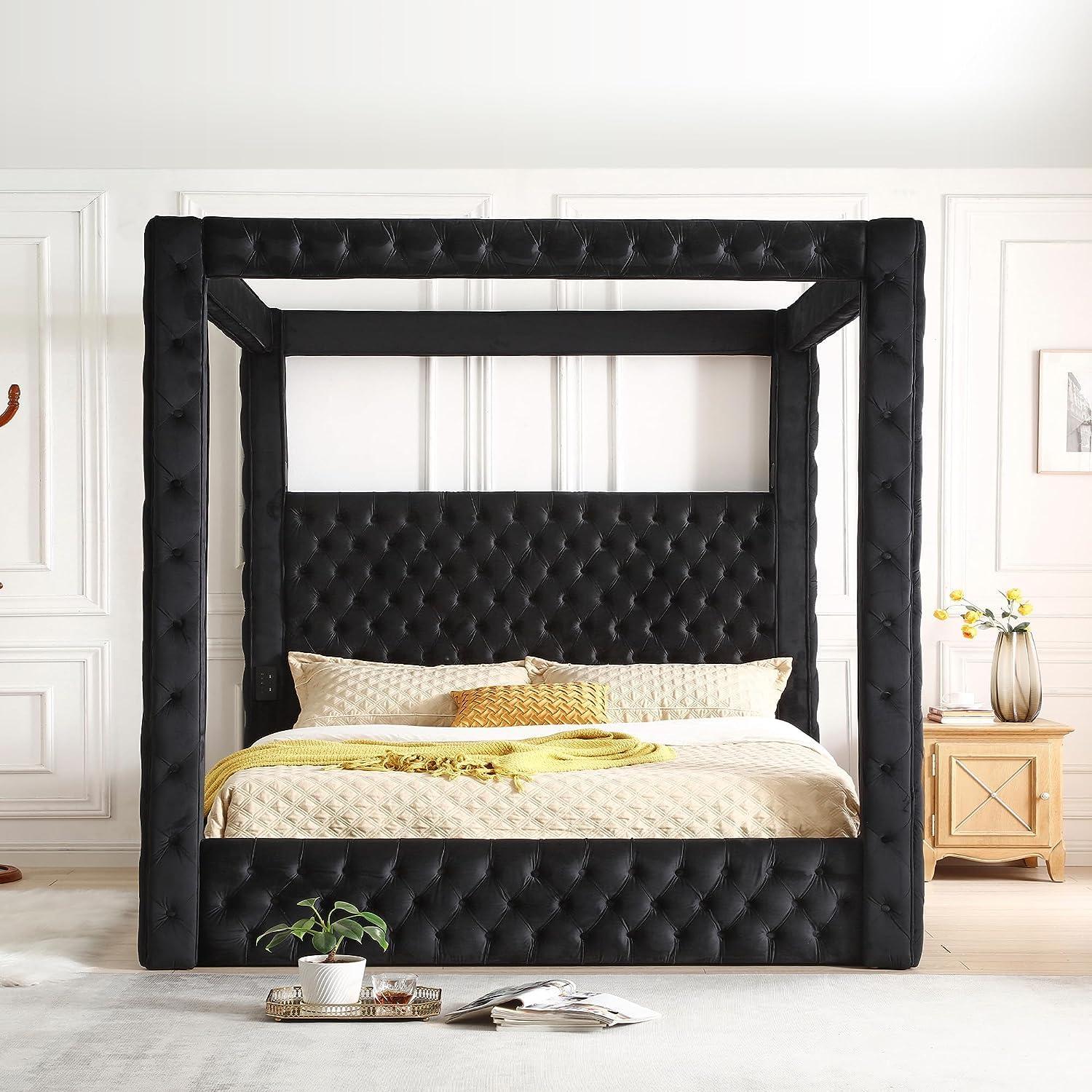 Woodpeckers Furniture and Mattress Luxurious Velvet Canopy Dream Bed with Speaker & USB Connection