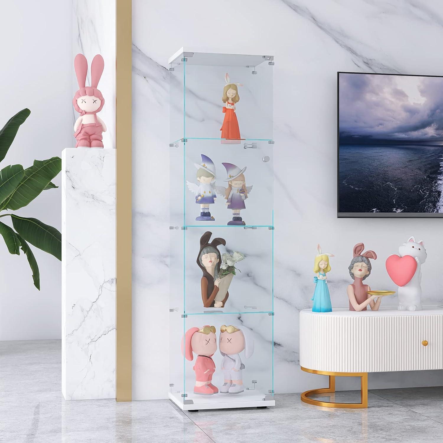 Glass Display Cabinet with Lights and Lock, 4-Tier Display Case Curio Cabinet with Glass Door, Floor Standing Showcase for Living Room Bedroom Home Office 16.7" W x 14.3" D x 64.5" H