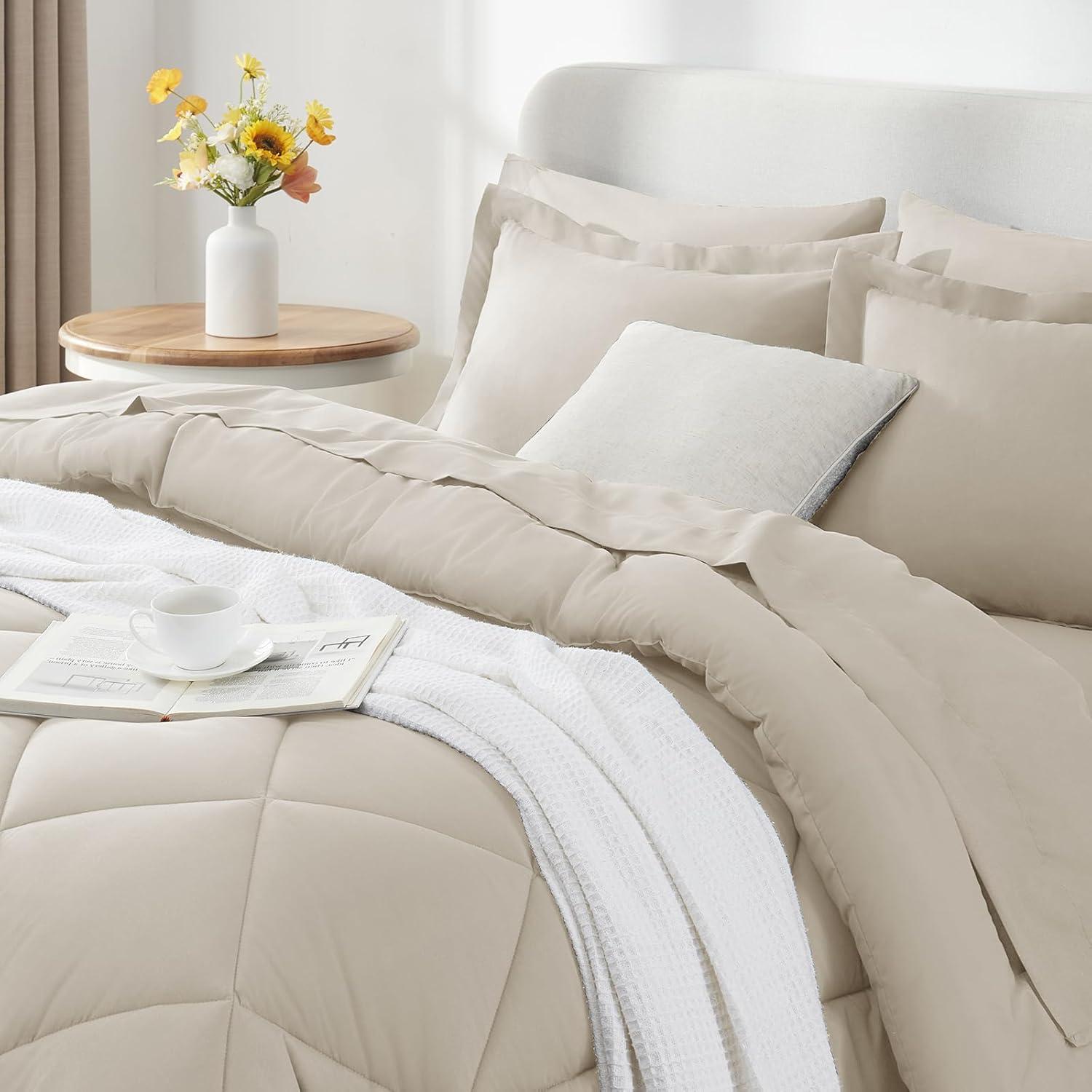 Cozy Comfort Beige Comforter Set - 7 Pieces Reversible Bed in a Bag with Comforters, Sheets, Pillowcases & Shams, Bedding Sets