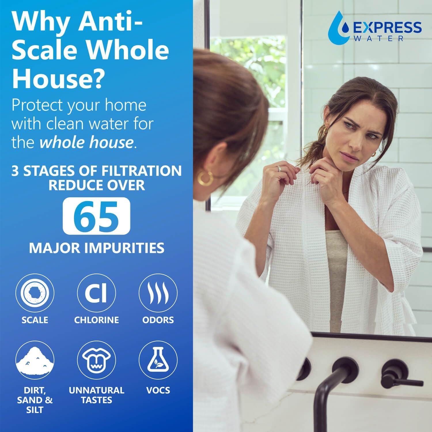 Express Water Whole House Water Filter, 3 Stage Water Filtration, Sediment, Polyphosphate Anti-Scale, Carbon Filters Includes Pressure Gauges, Easy Release, and 1 Inch Connections, 23.5" x 8.5" x 30"