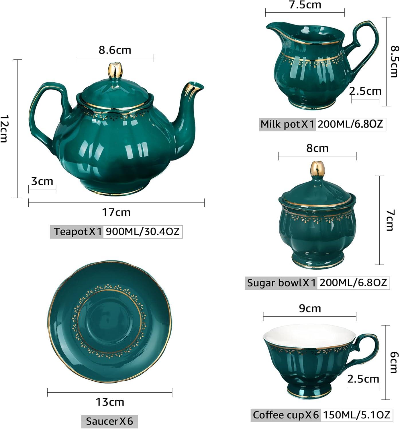 Rosdorf Park Malerba 21 Piece Vintage Porcelain Tea Set, Green With Gold Trim China Coffee Service For 6, Large Teapot, Tea Cup And Saucers Set, Christmas Gifts
