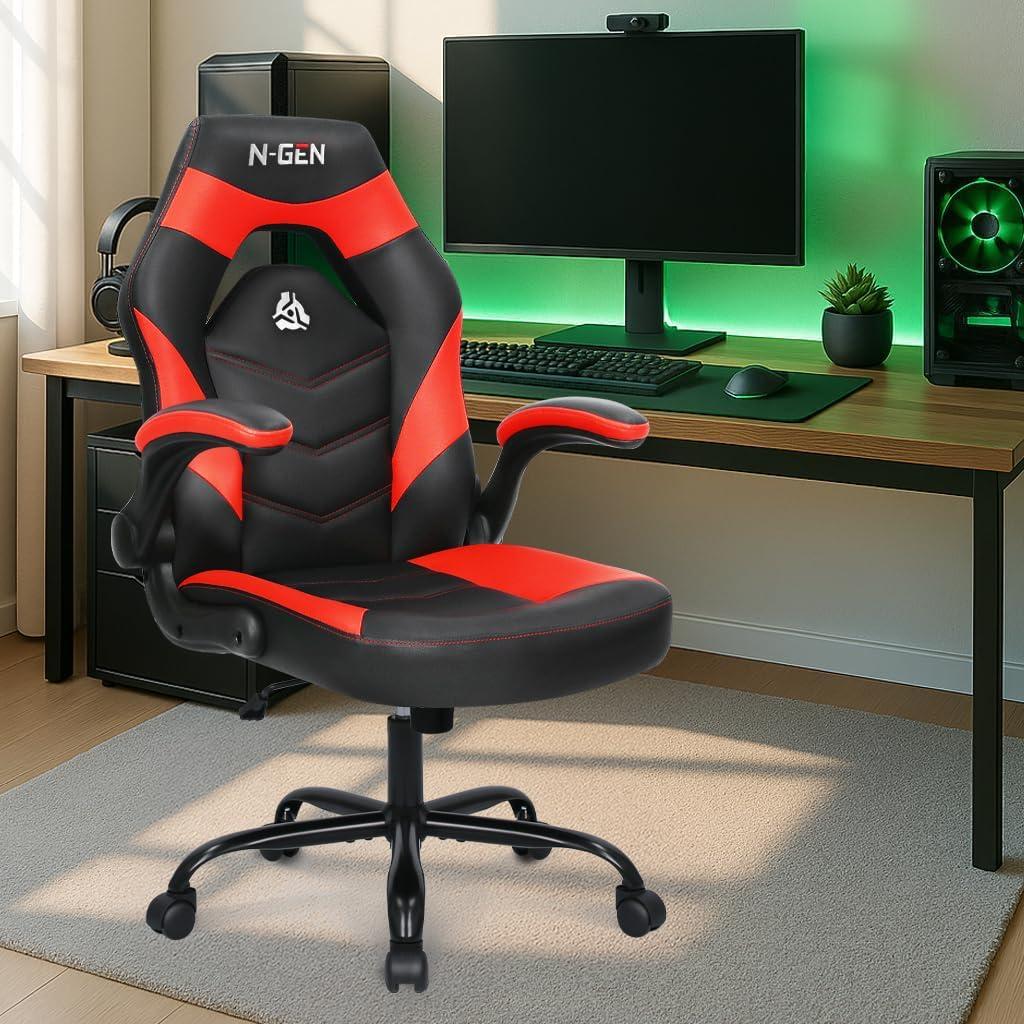 N-GEN Adjustable Ergonomic Faux Leather Swiveling PC & Racing Game Office Desk Chair with Flip-Up Arms