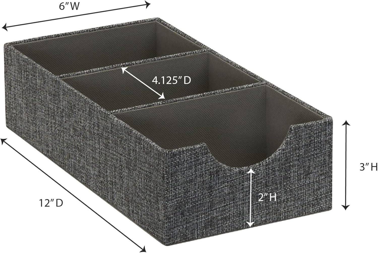 Household Essentials Set of 2 3-Section Drawer Trays Graphite Linen: Stackable Decorative Storage Boxes, Gray, 12"x6"
