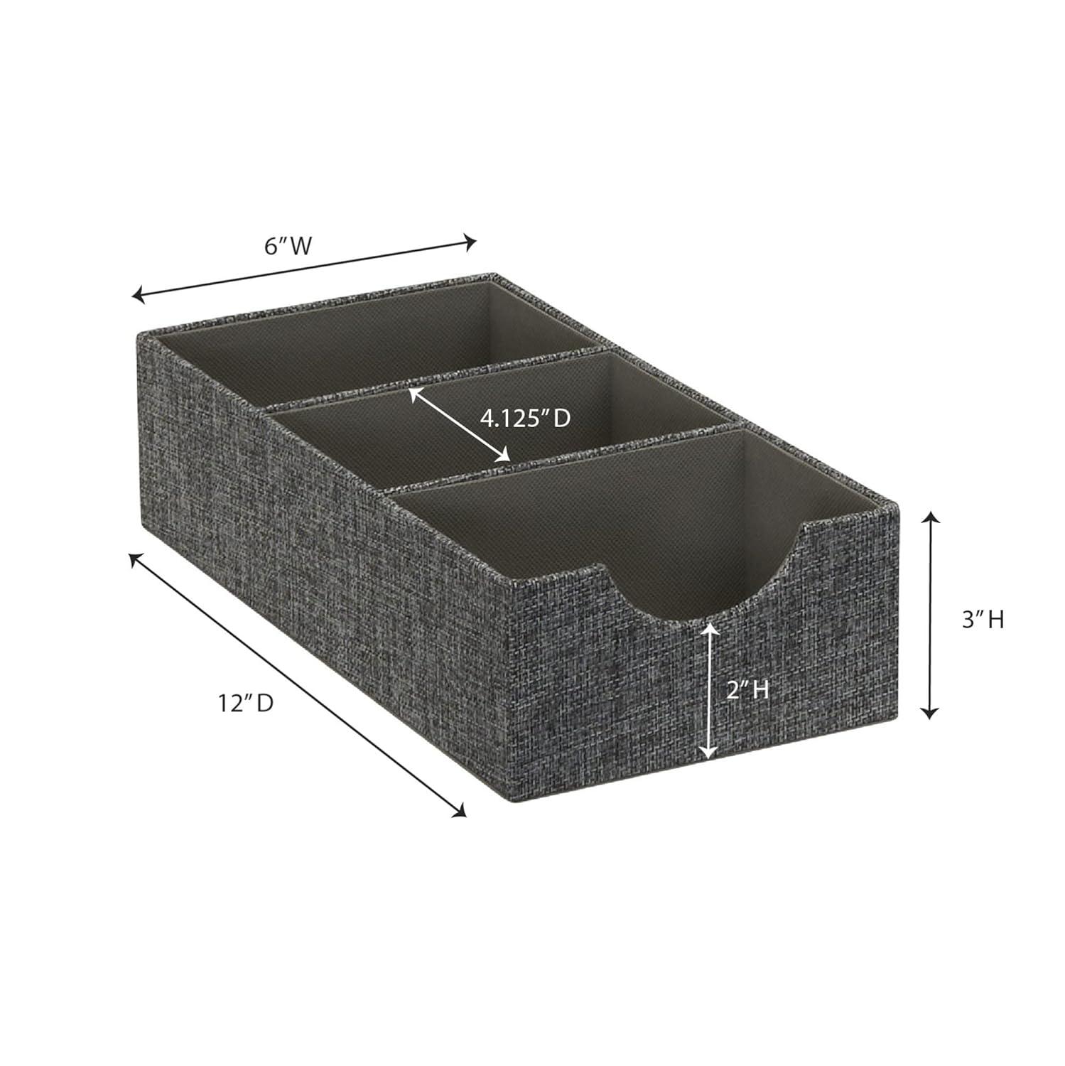 Household Essentials Set of 2 3-Section Drawer Trays Graphite Linen: Stackable Decorative Storage Boxes, Gray, 12"x6"