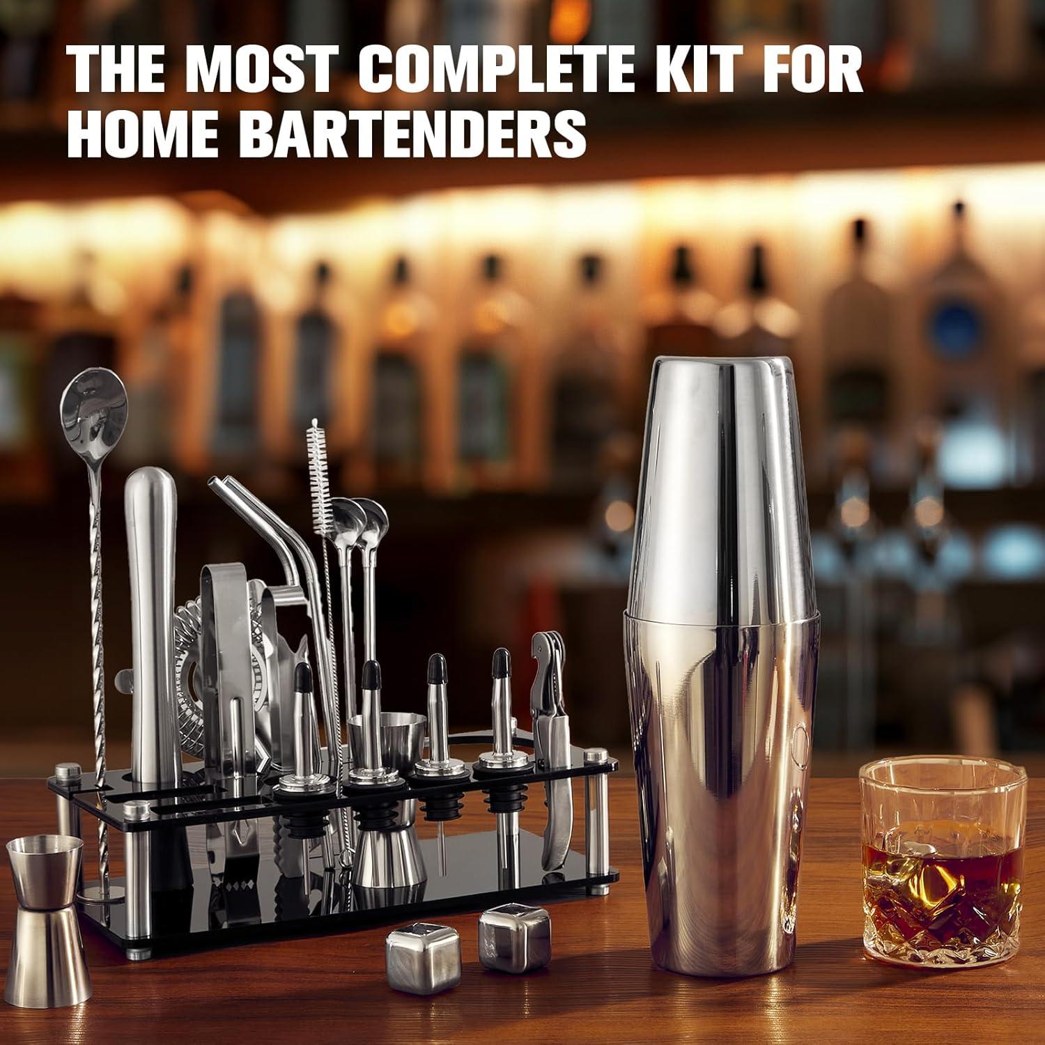 23-Piece Stainless Steel Bartender Kit with Acrylic Stand