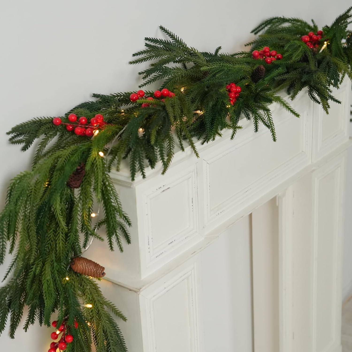 6FT Artificial Norfolk Pine Garlands, Real Touch Greenery Garland, Soft Bendable Garland Christmas Decorations, Greenery Garland for Table,Mantle, Wall, Indoor, Outdoor Thanksgiving Decorations