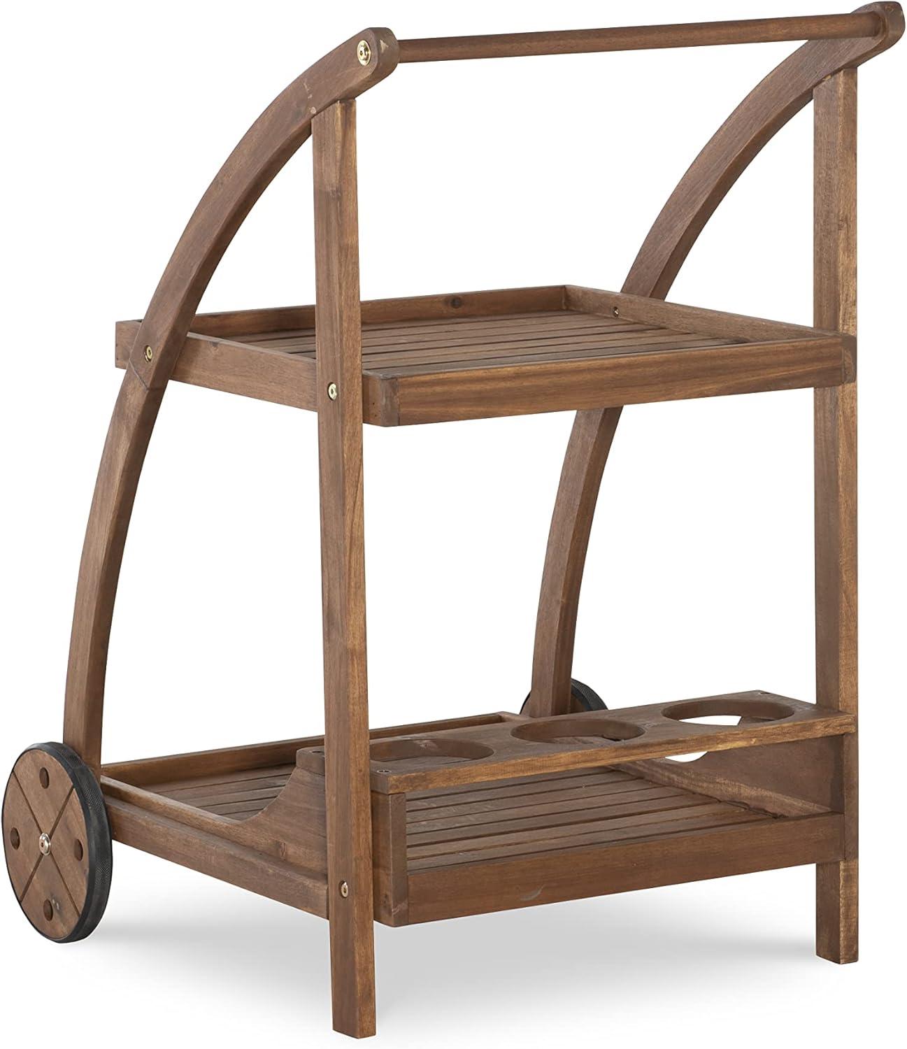 Linon Chandler Acorn Finished Acacia Wood Outdoor Bar Trolley with Three Bottle Glass Holders