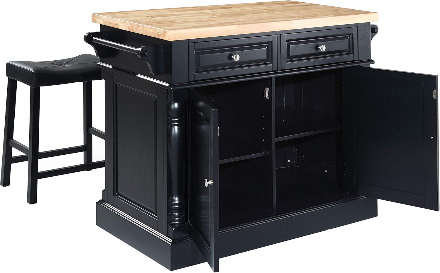 Oxford Kitchen Island with 2 Upholstered Saddle Stools Black - Crosley: Pass-Through Storage, Towel Bars, Wood Veneer