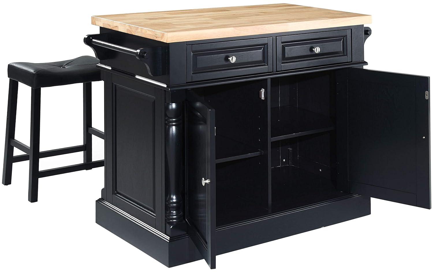 Oxford Kitchen Island with 2 Upholstered Saddle Stools Black - Crosley: Pass-Through Storage, Towel Bars, Wood Veneer