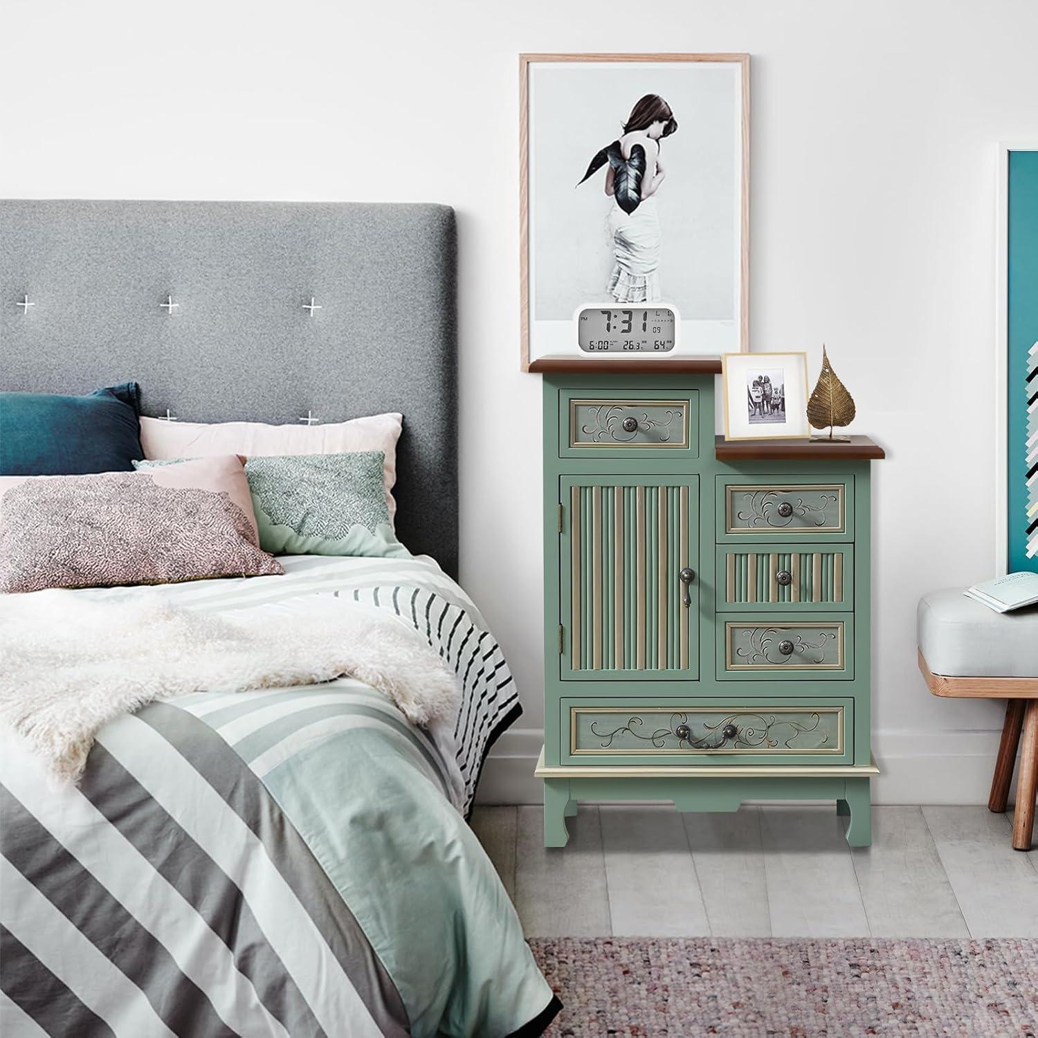 Fienley Farmhouse 21.6"W x 30.6"H x 11.8"D 1-Door Carved Wood Accent Chest With 5-Drawers, Rich Natural,Blue