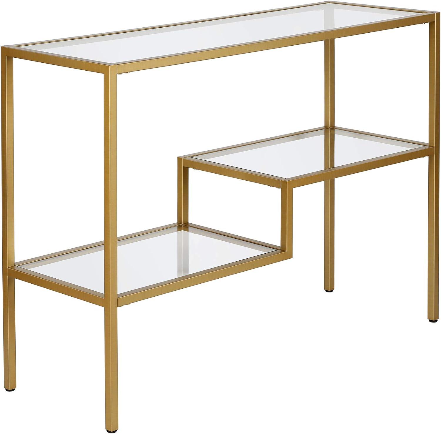 Brass and Glass Console Table with Storage Shelves