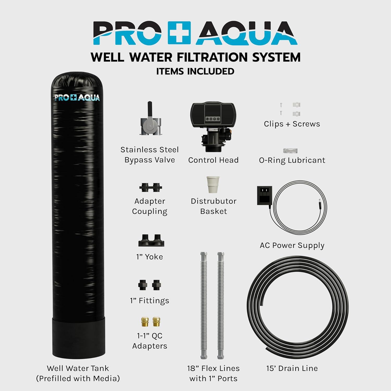 PRO+AQUA Whole House Filter System For Well Water, High Capacity, Proven Contaminant Removal, Auto-Clean, Small Footprint, Zero Water Pressure Drop, US Customer Support, 5 Year Warranty, Built in USA