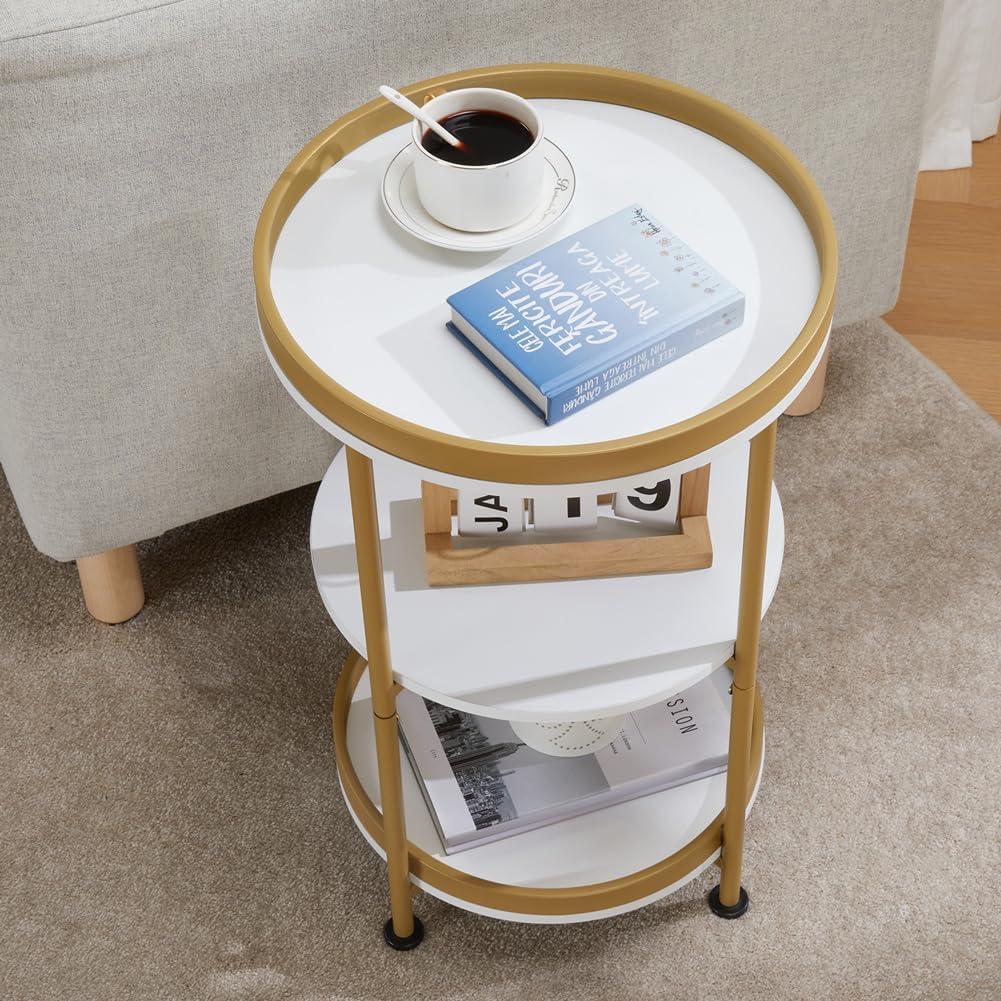 White and Gold Round End Table with 3 Shelves