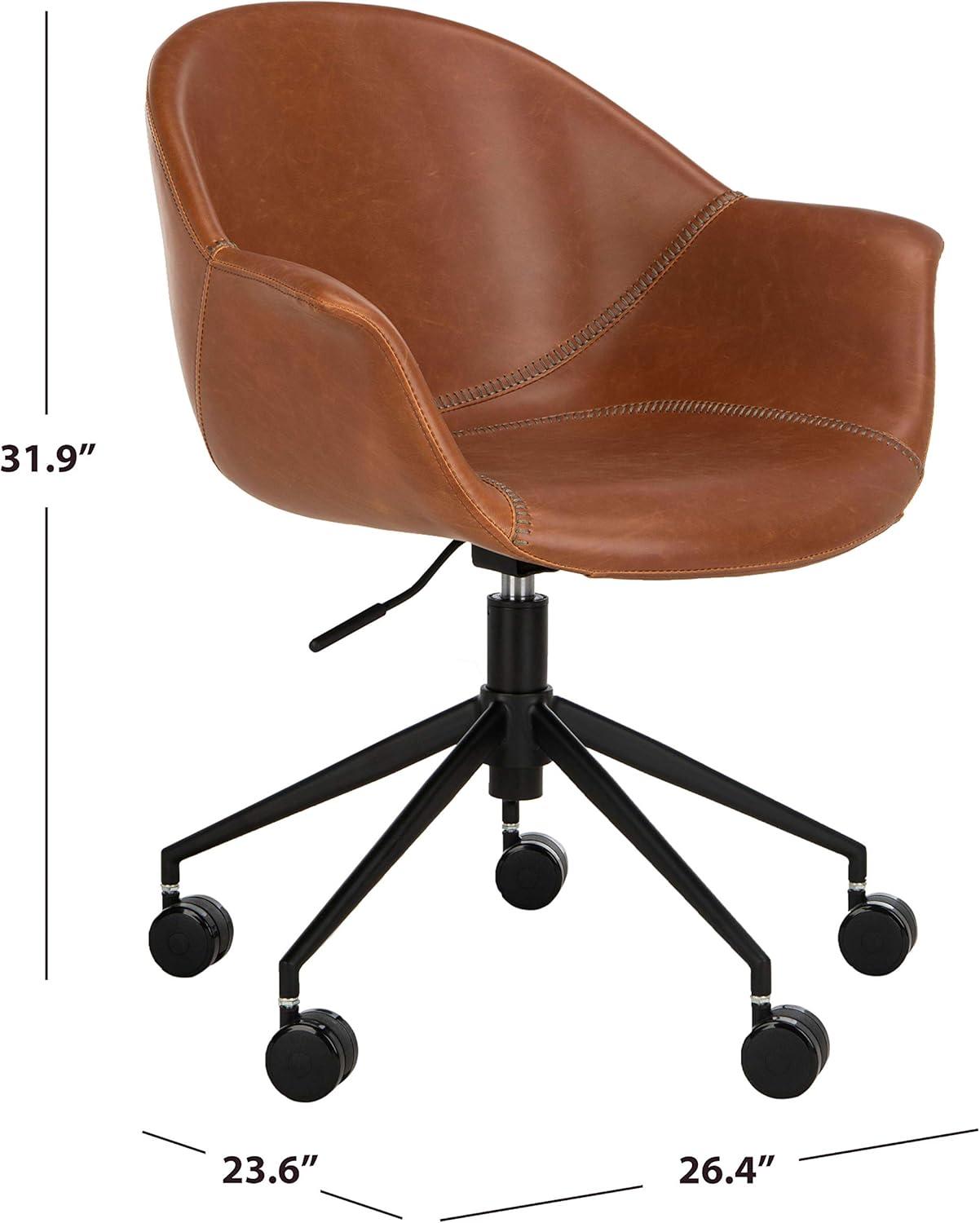 Transitional Ember Swivel Task Chair in Light Brown Leather and Black Wood