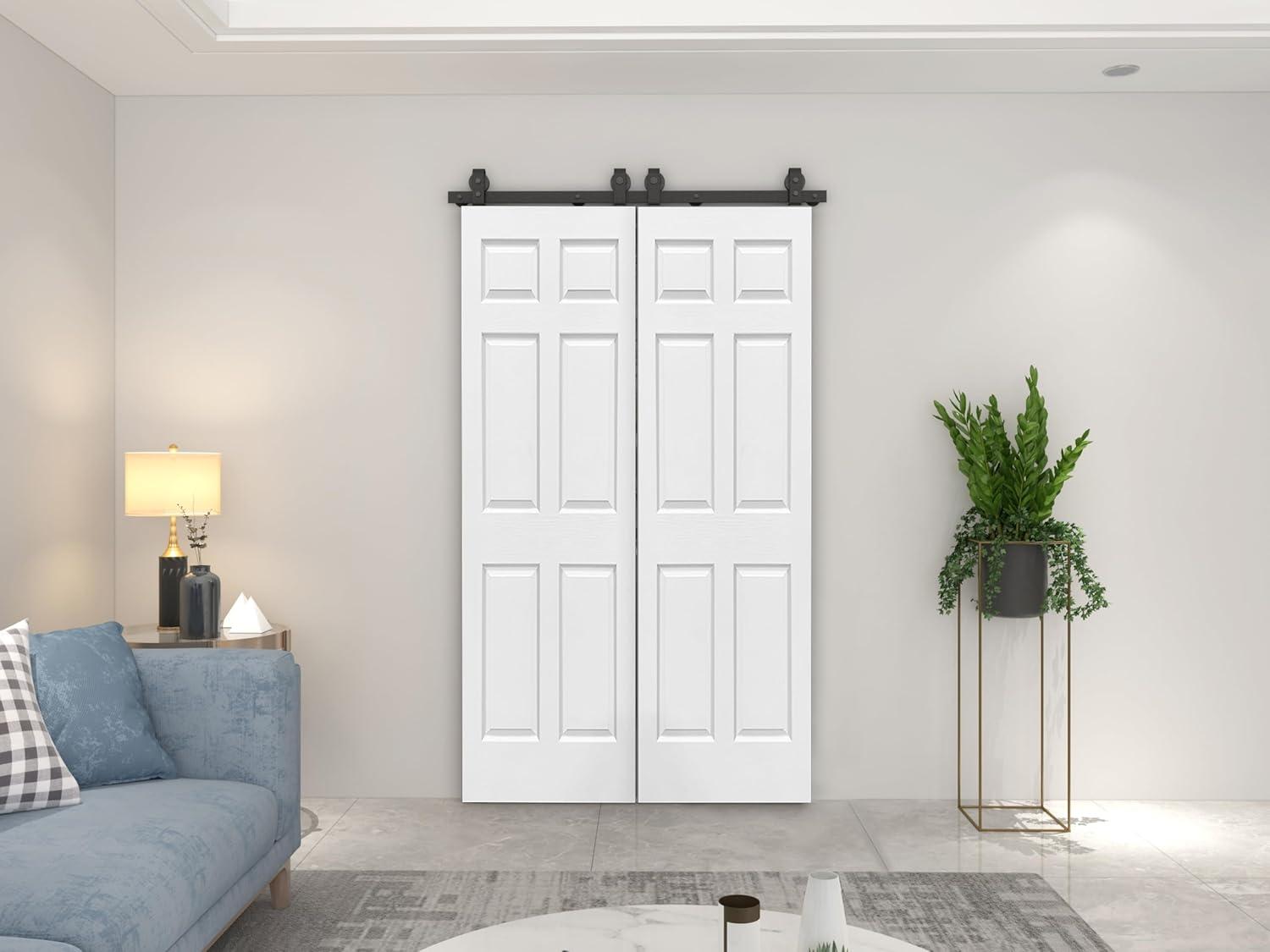 48 in. x 80 in. White Primed MDF Double Bi-Fold Barn Door with Black Hardware