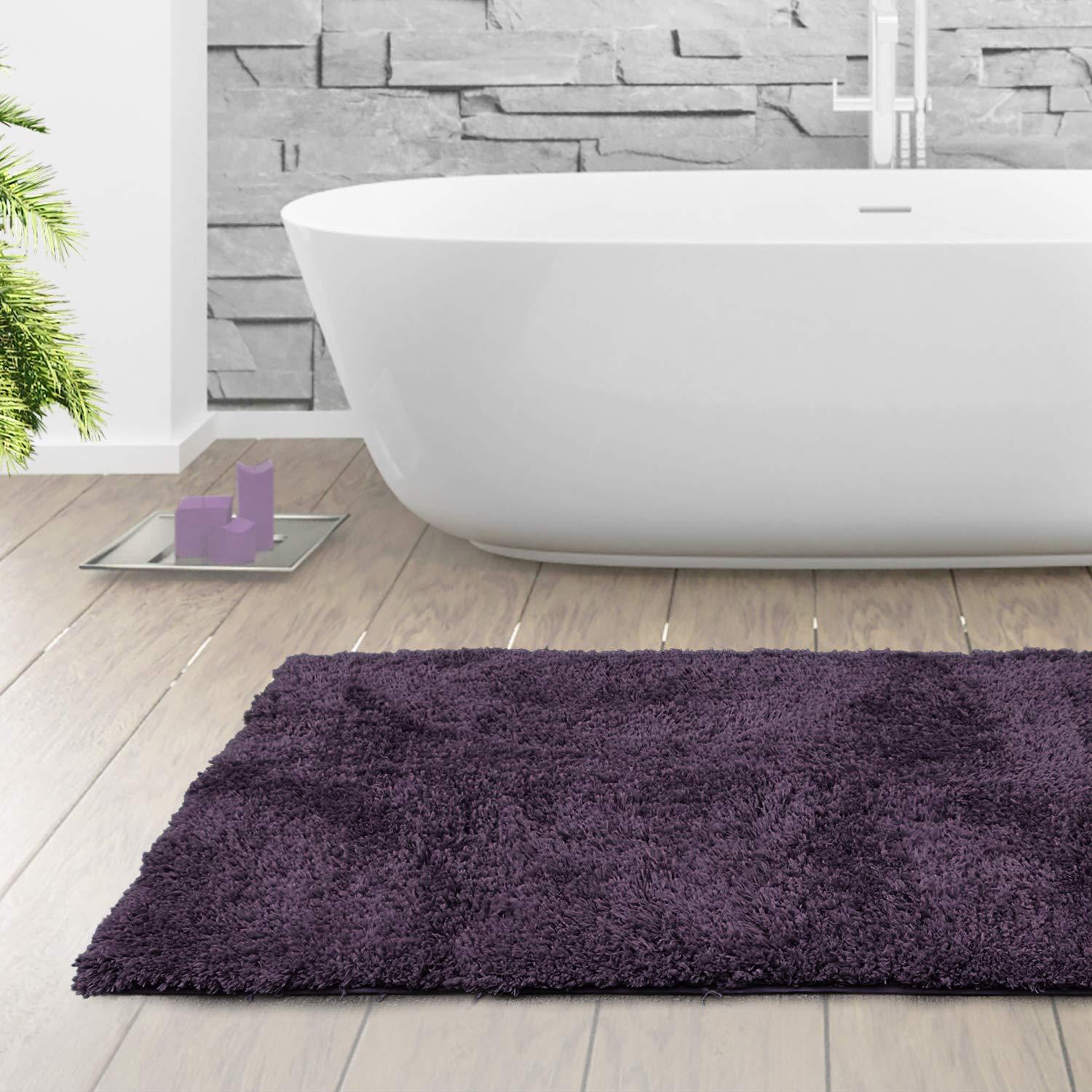 Clara Clark Shaggy Bath Rug with Non-Slip Backing Rubber - Machine Washable Super Soft Bathmat - Plush Absorbent Bathroom Rug, Large - 32 x 48, Eggplant