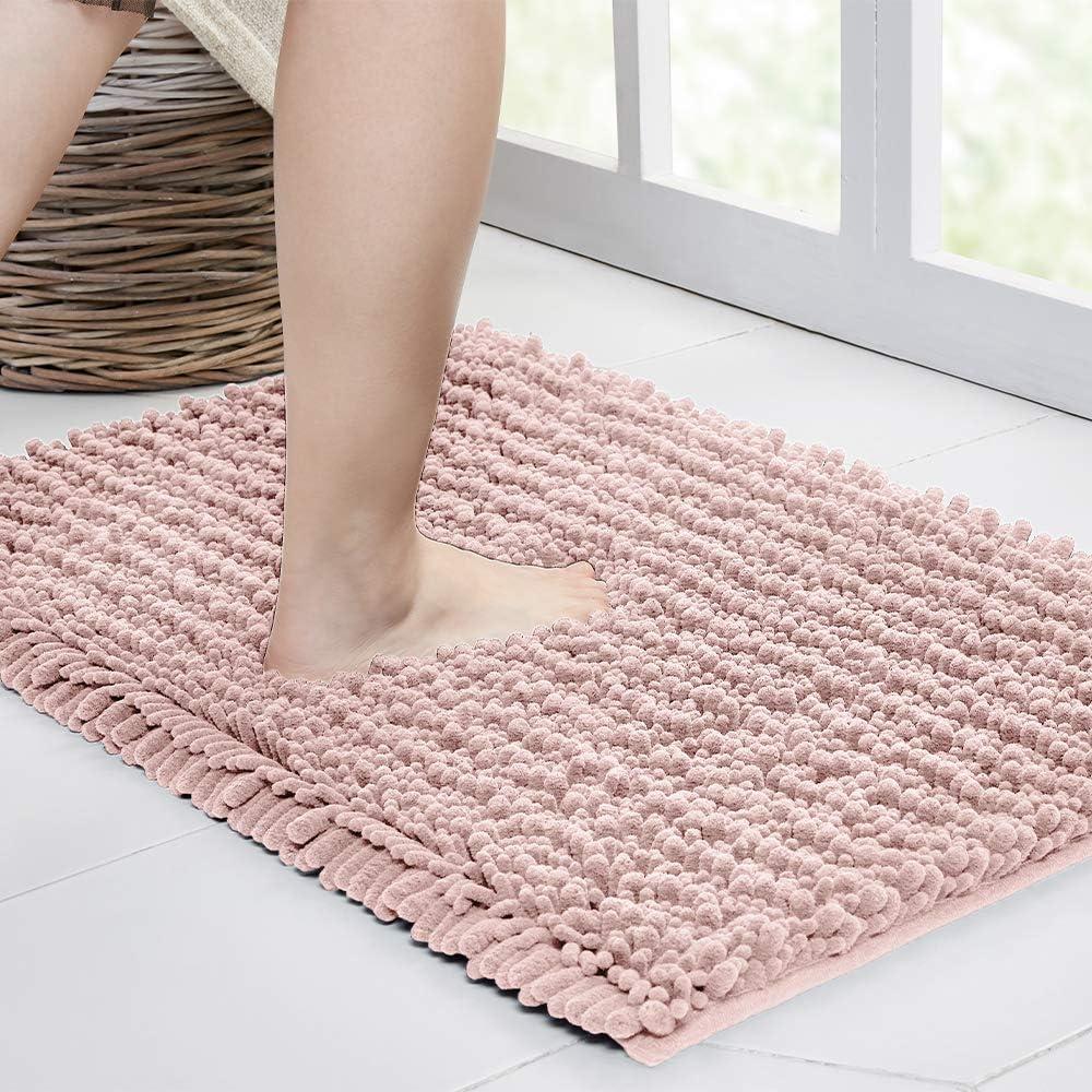 Bathroom Rug Non Slip Bath Mat (24x17 Inch Dusty Pink) Water Absorbent Super Soft Shaggy Chenille Machine Washable Dry Extra Thick Perfect Absorbant Best Small Plush Carpet for Shower Floor