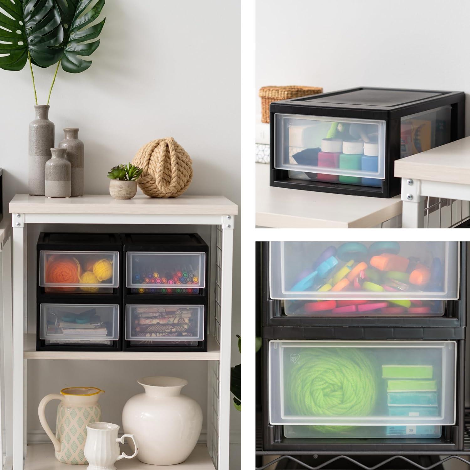 IRIS USA 4Pack 6qt Plastic Compact Stackable Storage Drawers, Black