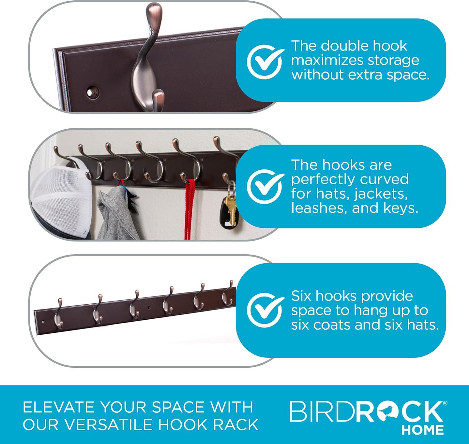 BirdRock Home Hook Coat and Hat Rack - 6 Hooks - 27 Inches - Wall Mount - Oil Rubbed Bronze Hooks - Dark Brown