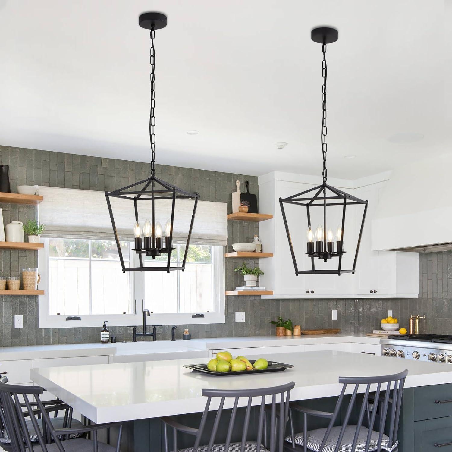 Rustic Lantern Chandeliers 4-Light Ceiling Cage Hanging Lights Gold Pendant Light Fixtures for Kitchen Island Dining Room Farmhouse Entryway Foyer