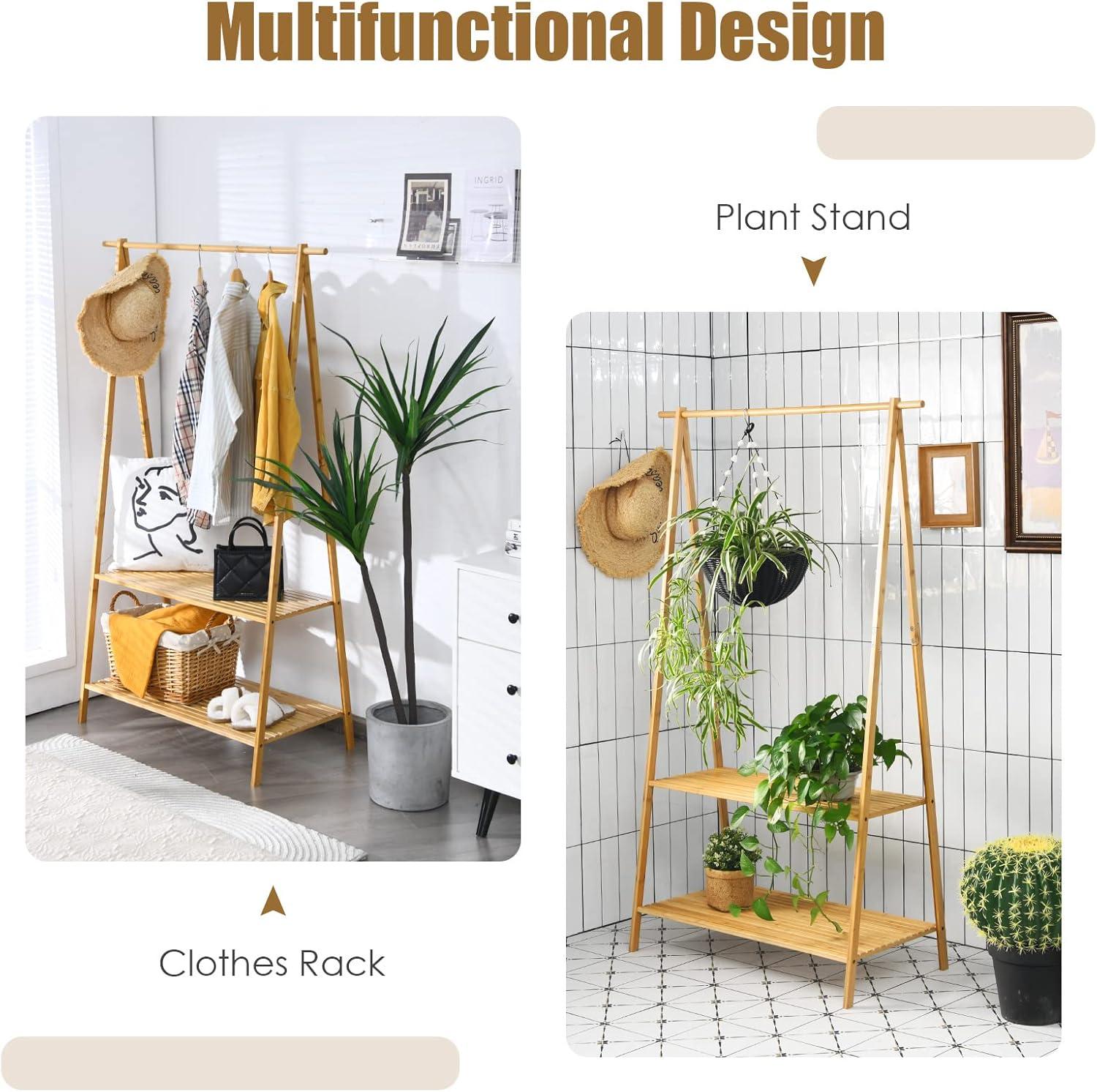 Natural Bamboo Freestanding Garment Rack with 2-Tier Shelves