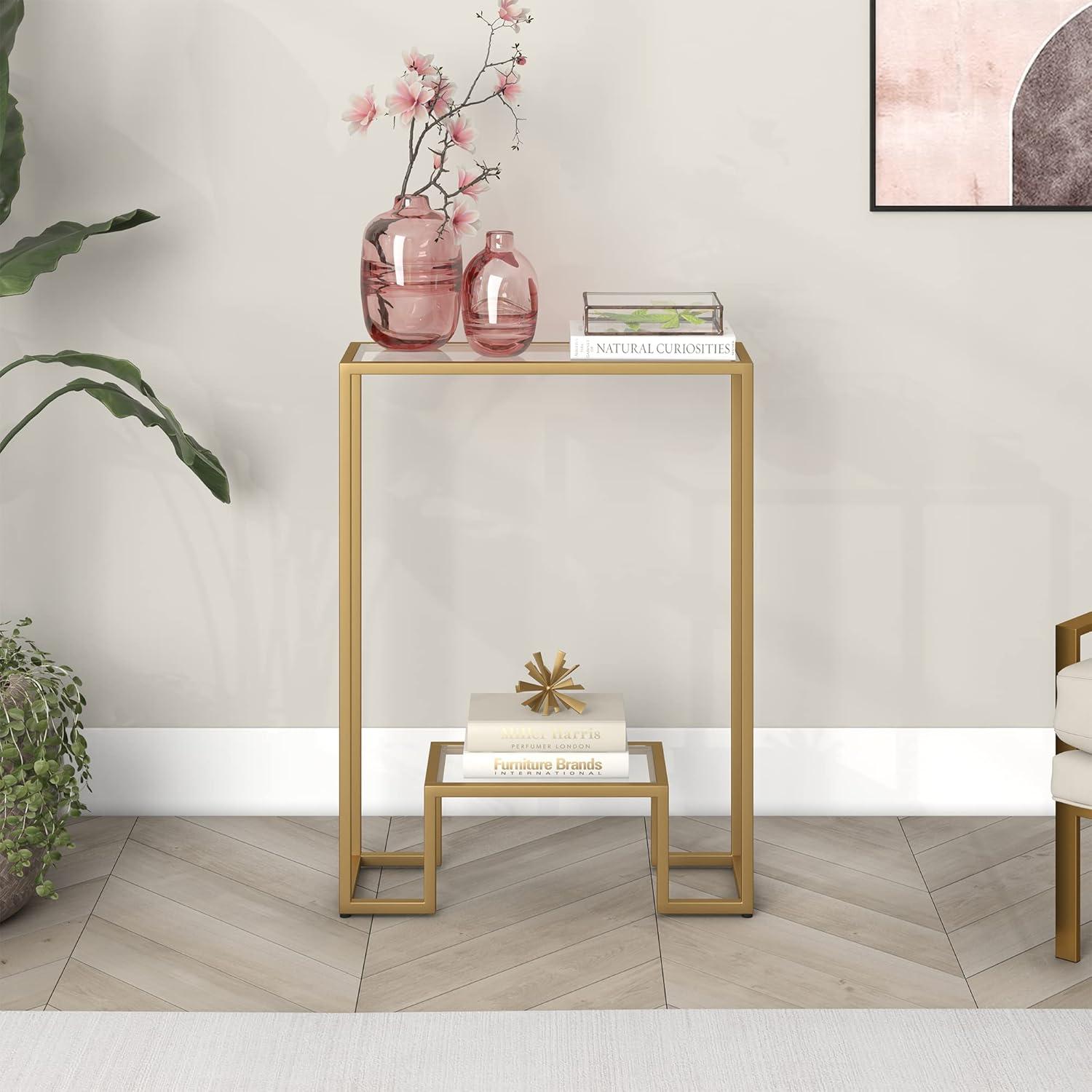 Athena Brass 22" Wide Mini Console Table with Tempered Glass Shelf