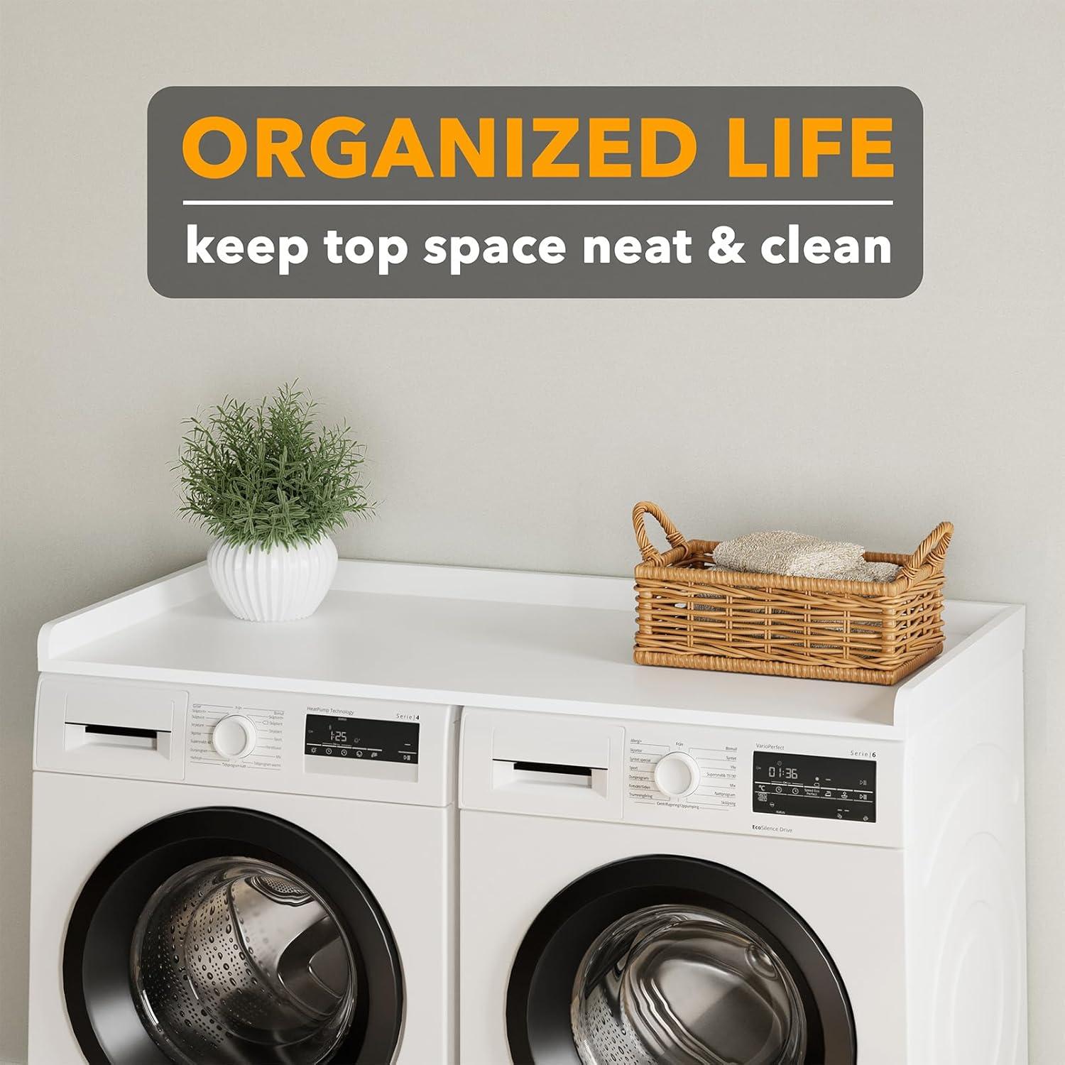 SpaceAid Washer Dryer Countertop, Laundry Wood Shelf Topper with Edge, 54" Width x 27.5" Depth Cover Guard Organizer for Washer and Dryer Laundry Hamper Counter Storage Organization (White)