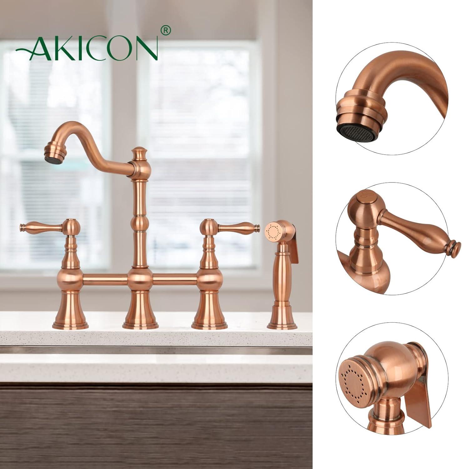 Double Handle Brushed Copper Bridge Kitchen Faucet with Sprayer