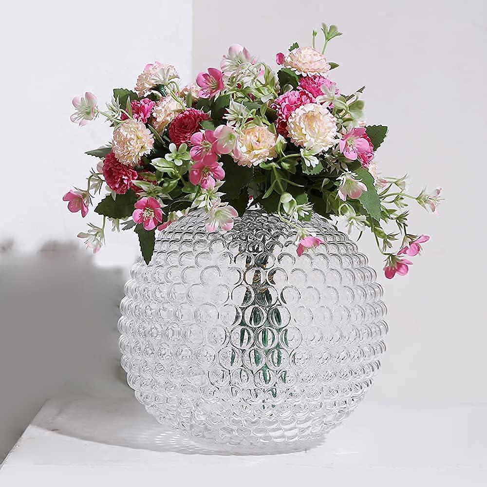 Hand-Blown Clear Glass Round Vase with Textured Design