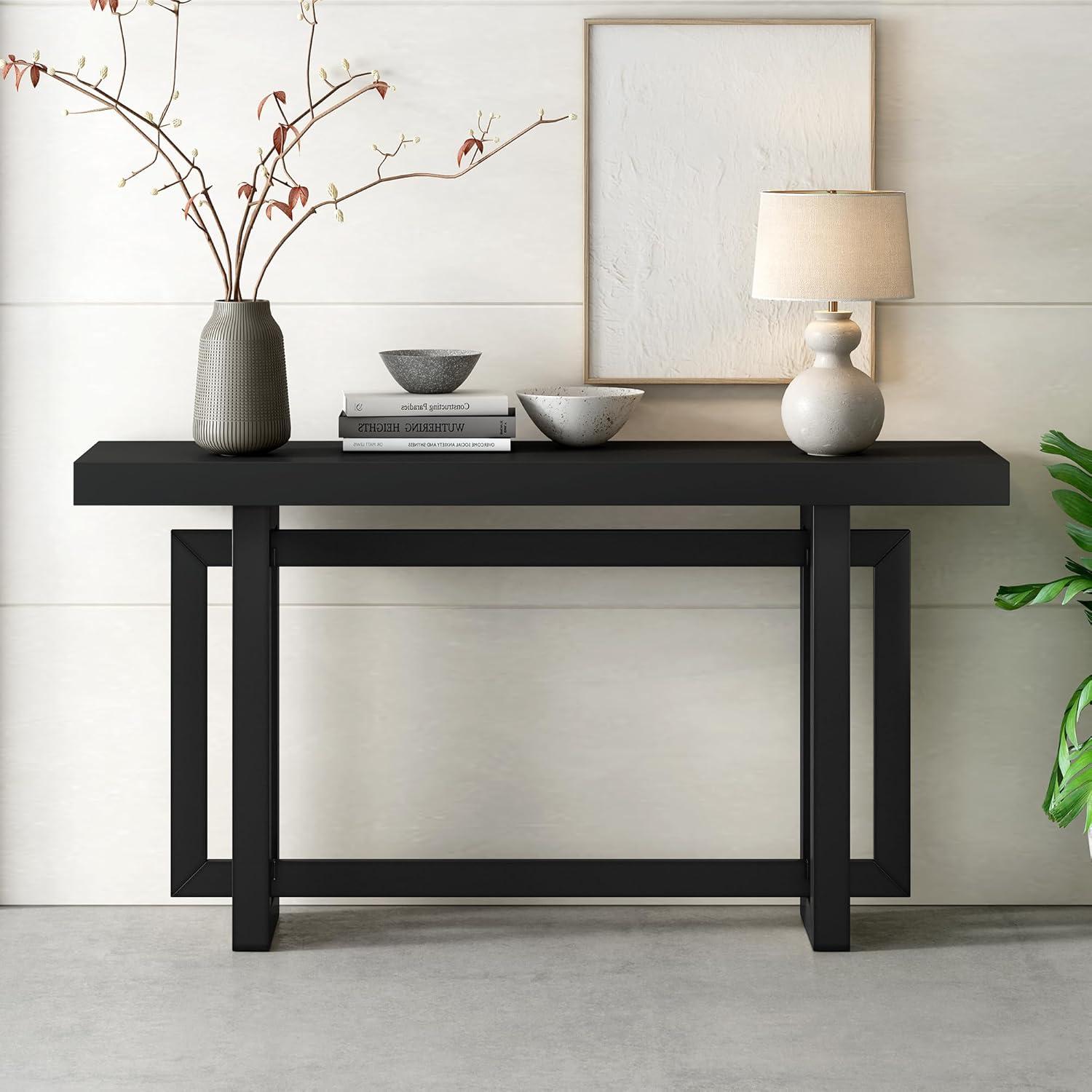 Black Pine and MDF Console Table with Concrete Top, 59''