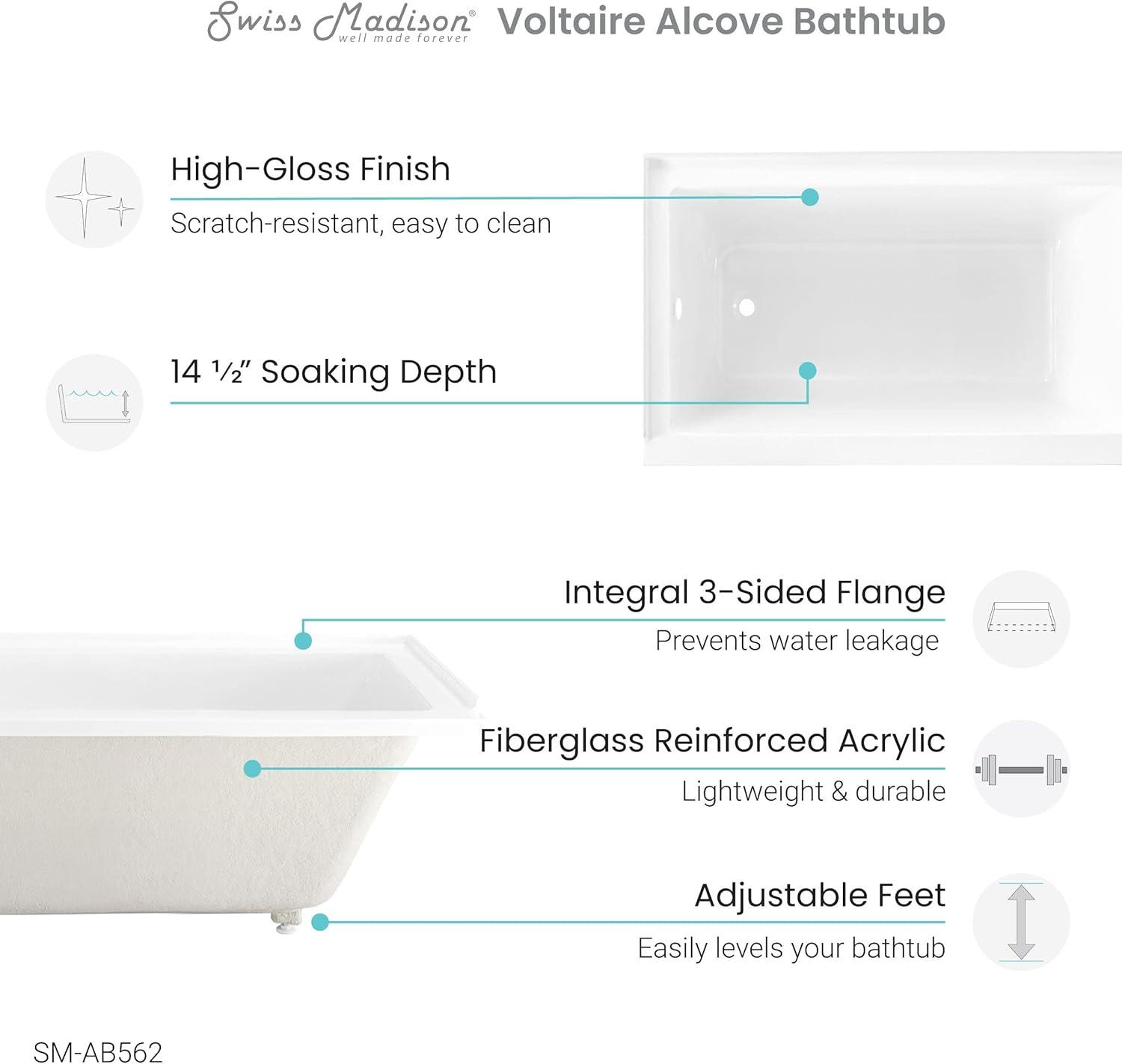 Voltaire 54" x 30" Acrylic Glossy White, Alcove Bathtub