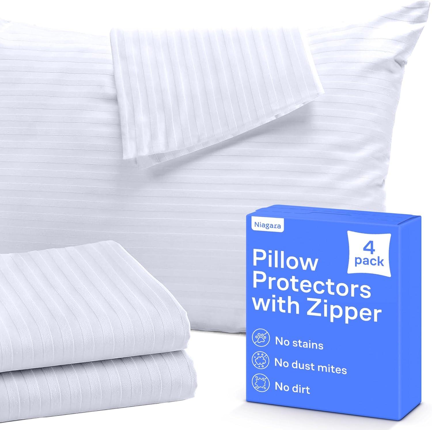 Ultra Soft Pillow Protectors with Zipper Queen Size - Set of 4 Breathable Pillow Covers - 100% Protection Against Stains, Dust & Dirt - Machine Washable (Dark White)