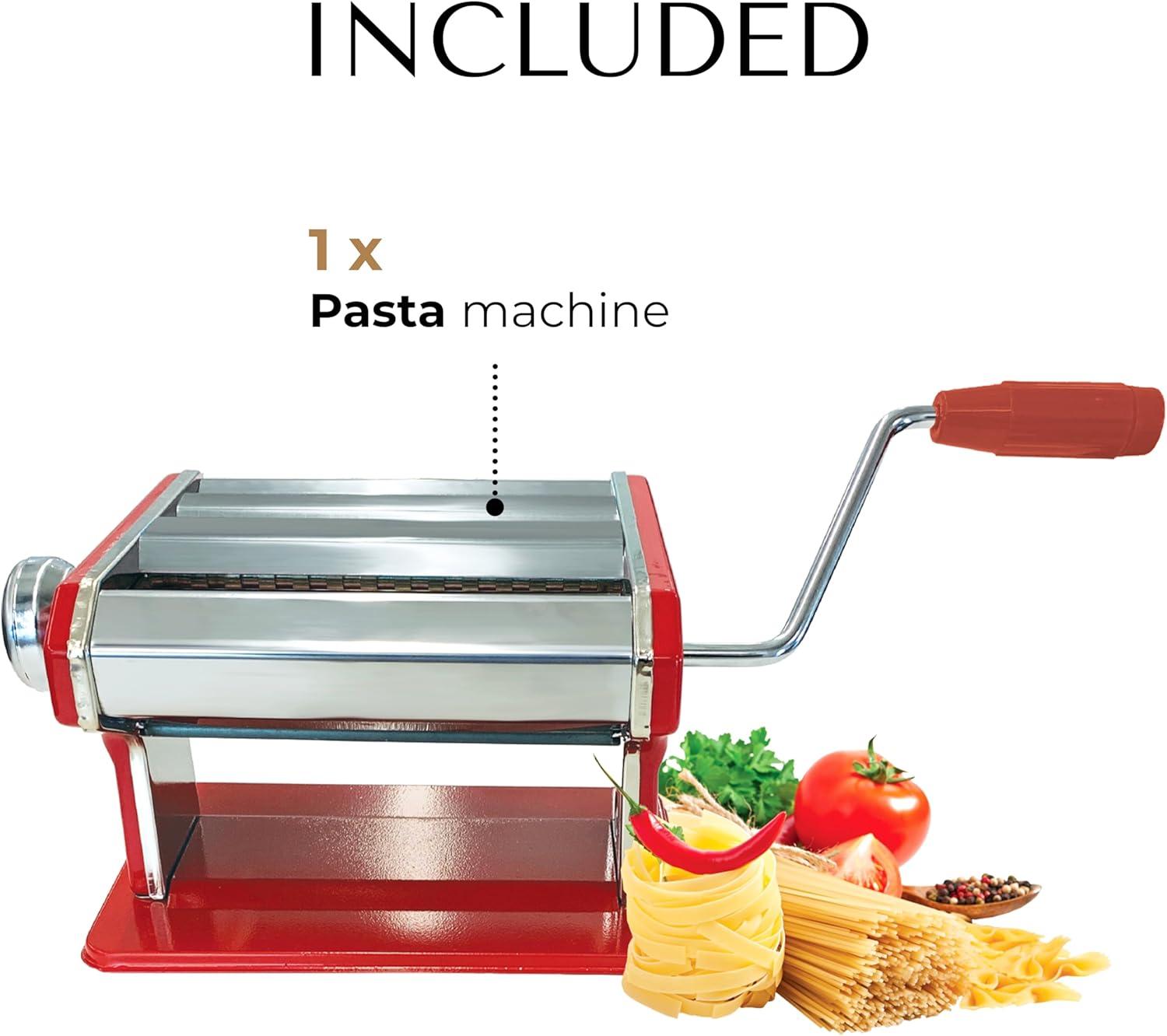JS Gourmet - Manual Pasta Machine in Stainless Steel, 2 Adjustable Cutting Rollers, Red