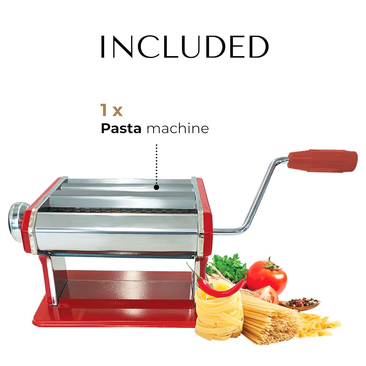JS Gourmet - Manual Pasta Machine in Stainless Steel, 2 Adjustable Cutting Rollers, Red