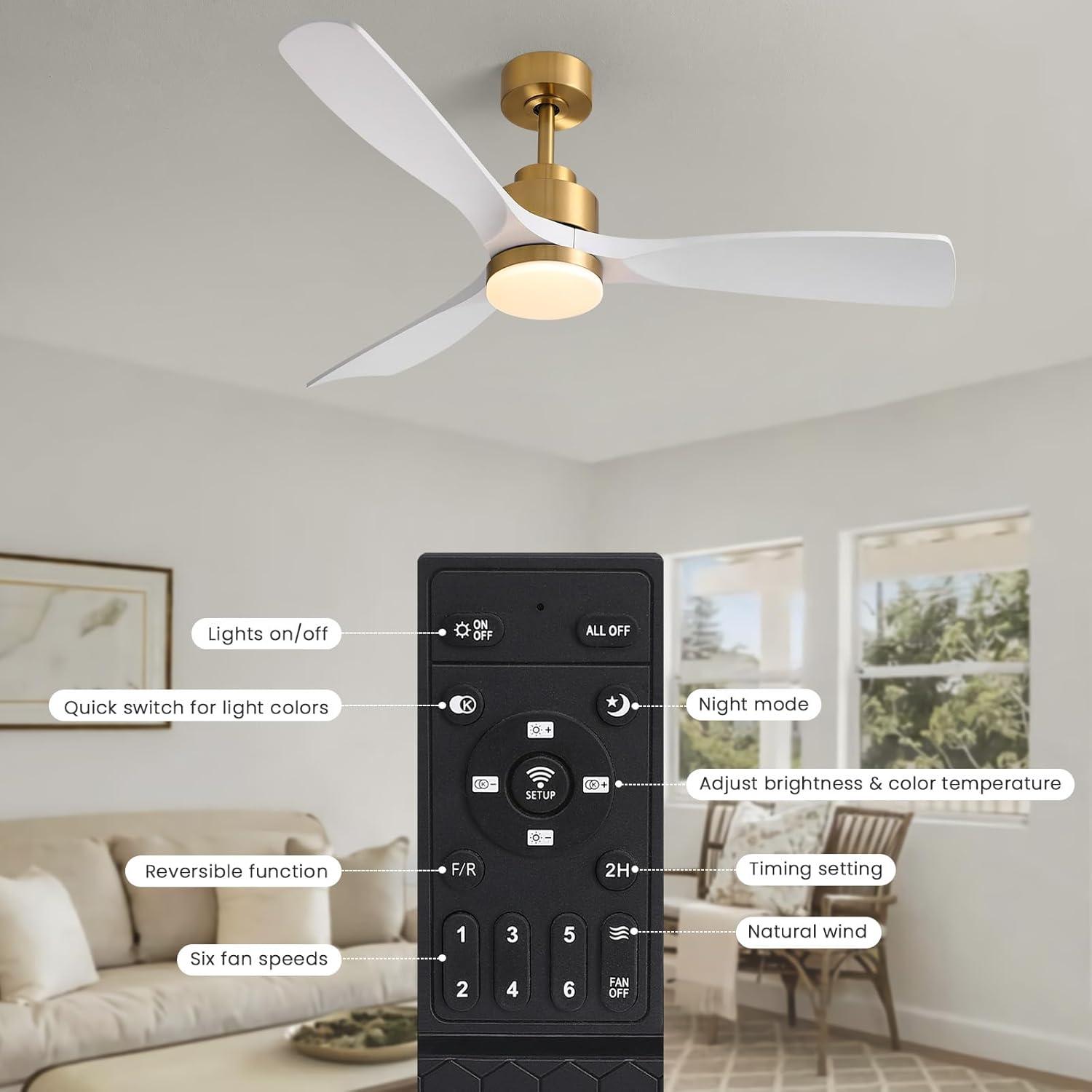 52 Inch Gold White Smart Ceiling Fans with Lights and Remote,Quiet DC Motor,for Modern Bedroom Living Room Patio
