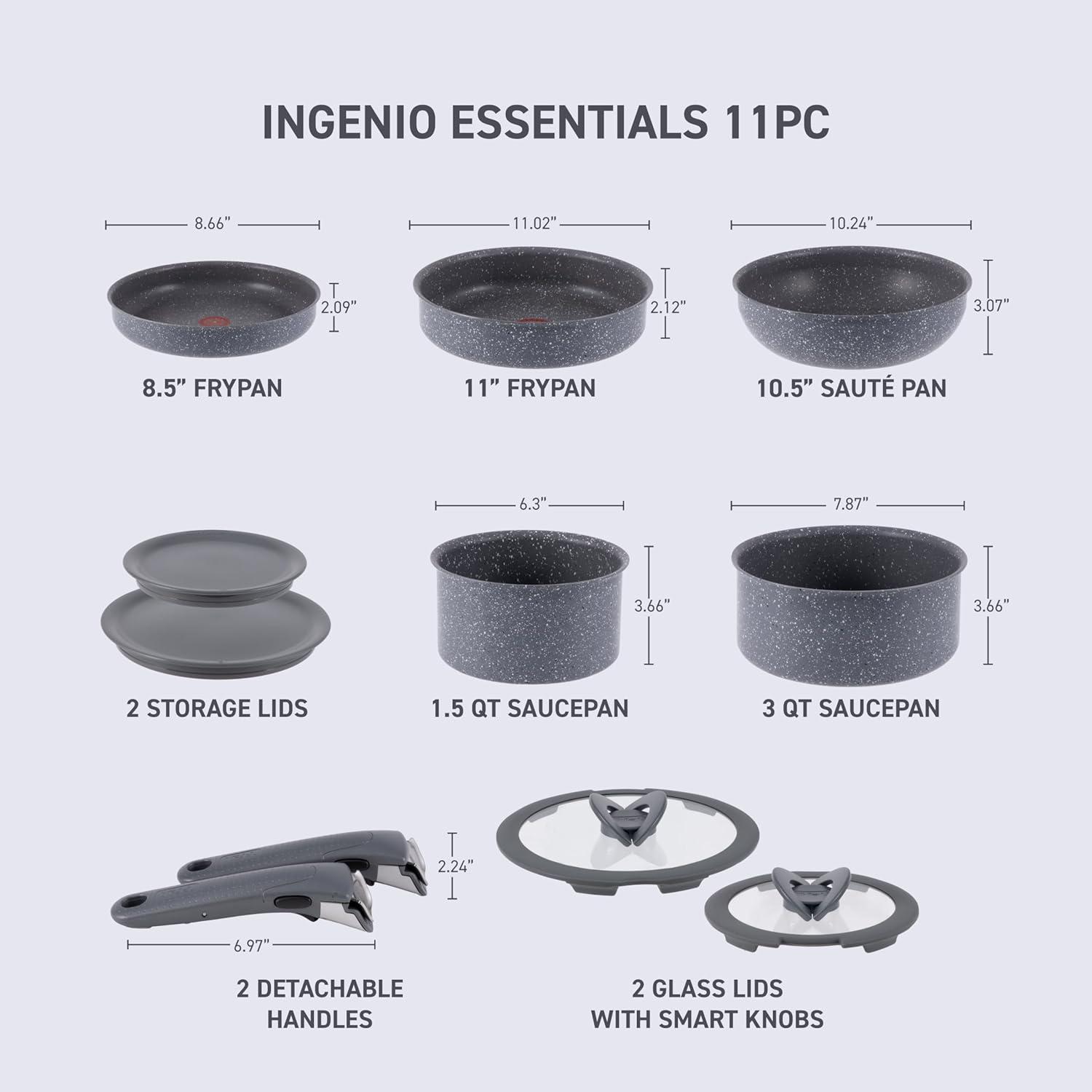 Granite Gray 11-Piece Non-Stick Cookware Set with Detachable Handle