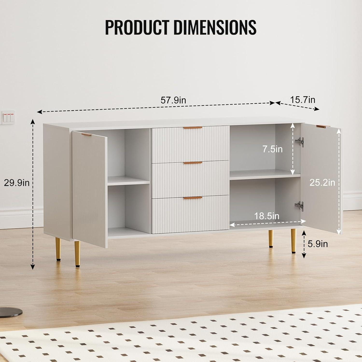 Fluted Accent Cabinet, Kitchen Sideboard Buffet Cabinet with 4 Fluted Doors, Modern Storage Cabinet with Adjustable Shelves for Living Room, Dining Room, Hallway (White)