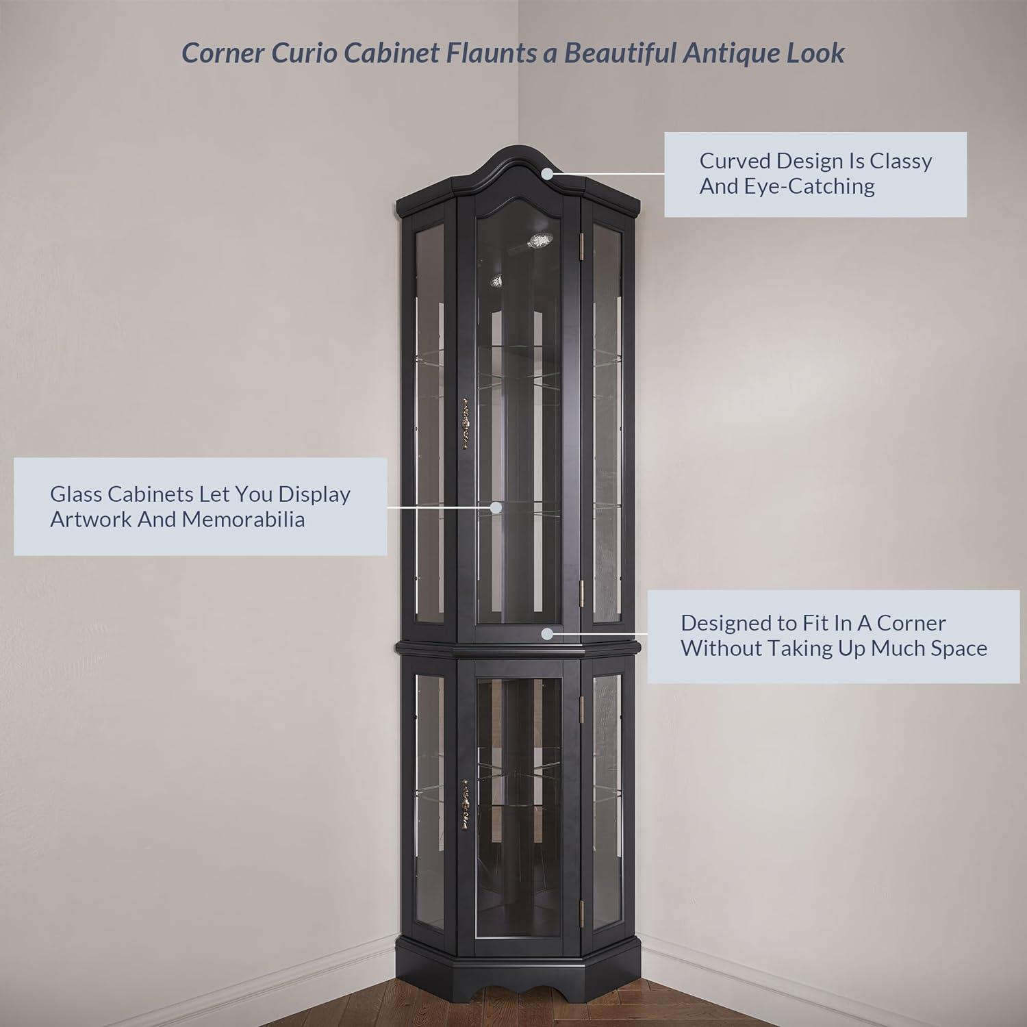 BELLEZE Lighted 3-Side Glass Display Curio Cabinet w/ Tempered Glass Doors and Shelves, Curved Wood Corner Cabinet with Bulb, Corner Storage Decoration Rack for Living room & Bedroom Loraine (Black)