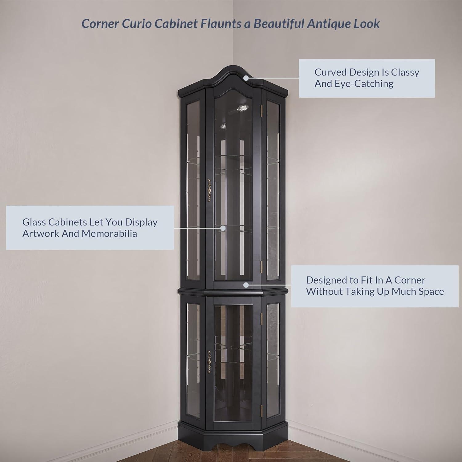 BELLEZE Lighted 3-Side Glass Display Curio Cabinet w/ Tempered Glass Doors and Shelves, Curved Wood Corner Cabinet with Bulb, Corner Storage Decoration Rack for Living room & Bedroom Loraine (Black)