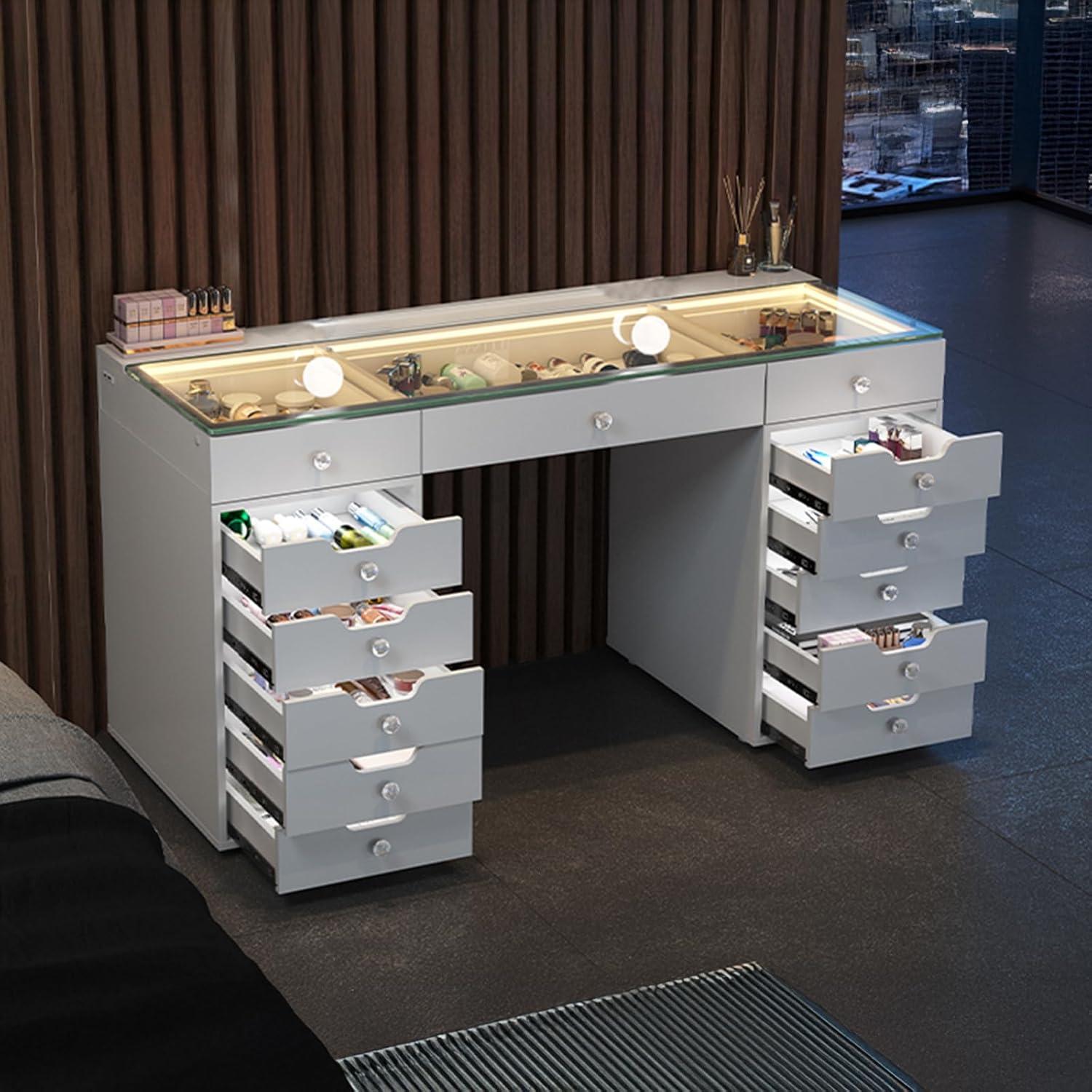 White 60" Vanity Desk with 13 Drawers and LED Lighting