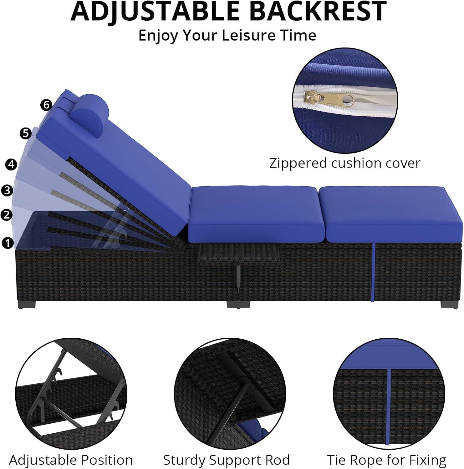 Lounge Chairs Outdoor Set of 2, PE Rattan Chaise Lounge Chair with 5-Position Adjustable Backrest for Patio Beach Pool Deck Backyard, Beige